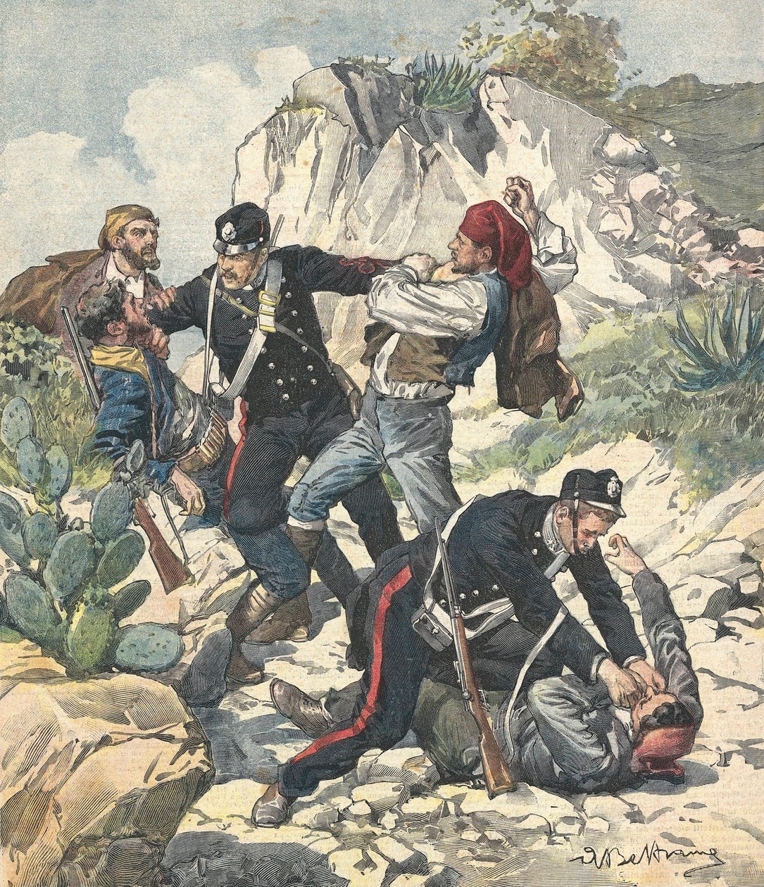 Olaszország (1902). A karabinerek letartóztatnak egy banditát és bandáját Trapaniban. Illusztráció: Achille Beltrame a „Domenica del Corriere” című filmből (február 23. alkotó: Achille Beltrame