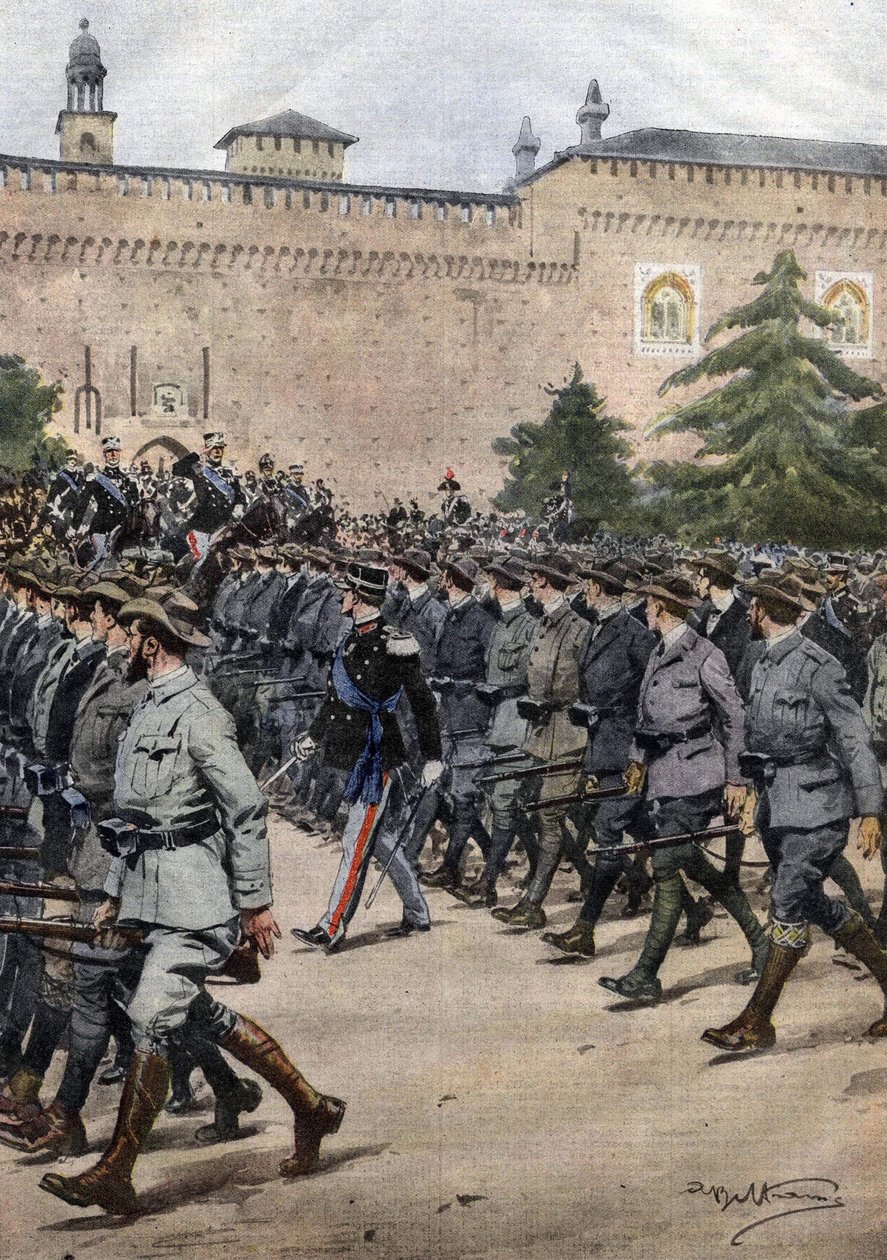 Olaszország új milíciái: civil ruhás önkéntesek a november 11-i milánói katonai parádén. Ill. de Beltrame. La Domenica del Corriere. 11/1914. alkotó: Achille Beltrame