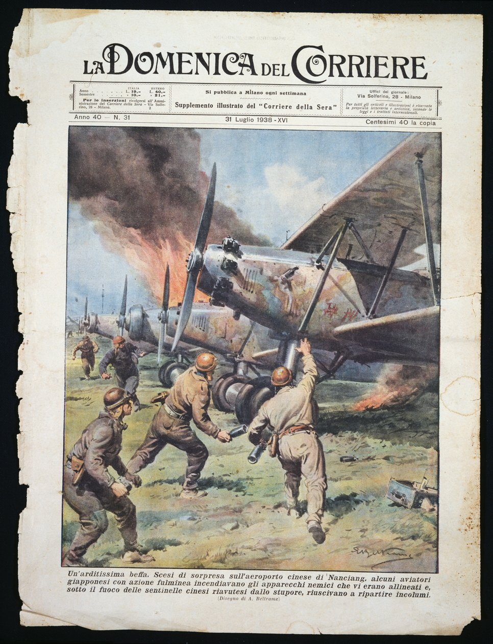 Japán kommandós támadás a kínai Nanchang repülőtér ellen, Achille Beltrame (1871-1945) táblája a La Domenica del Corriere újságból, július 31. alkotó: Achille Beltrame