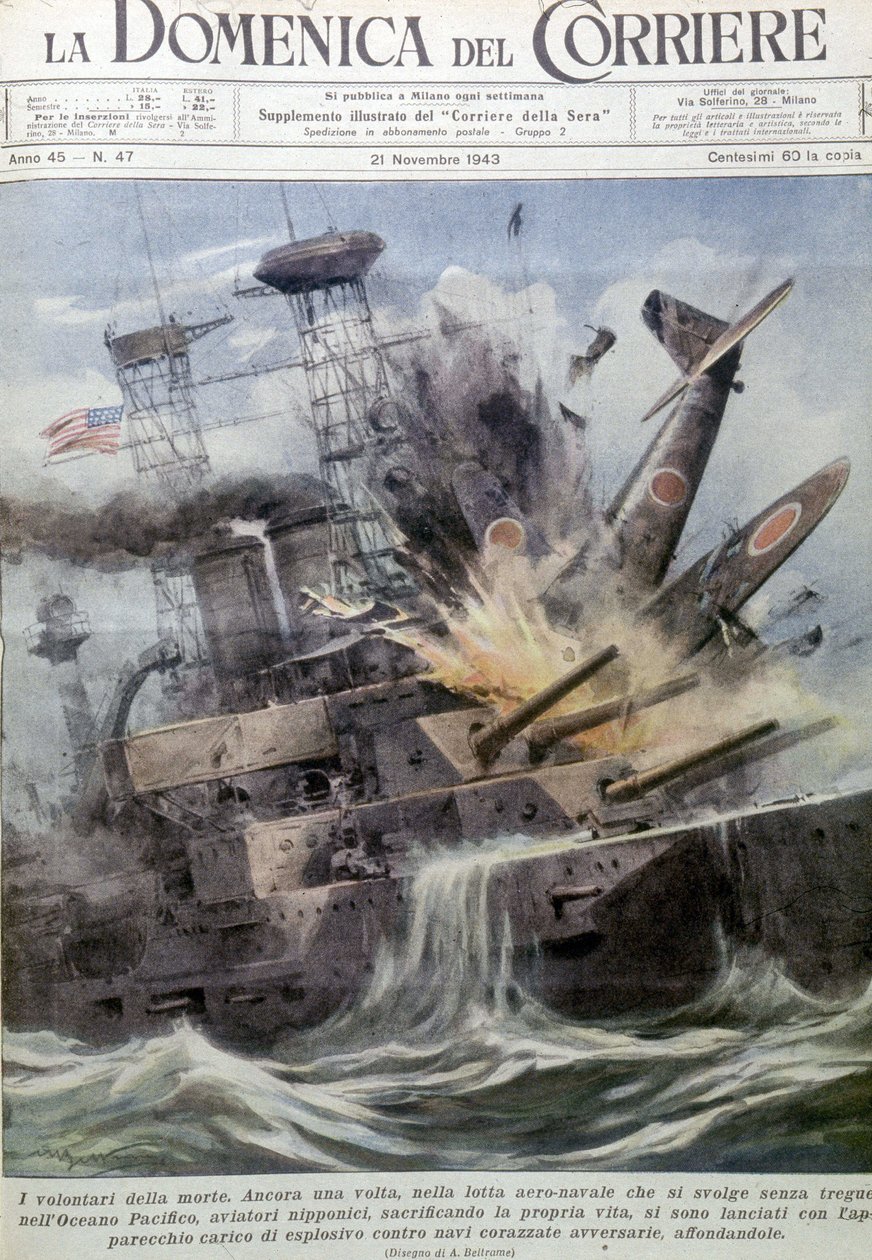 Japán öngyilkos merénylők robbantak az ellenséges hajókon – a „La Domenica del Corriere”-ben, 1943. november 21. (litográfia) alkotó: Achille Beltrame