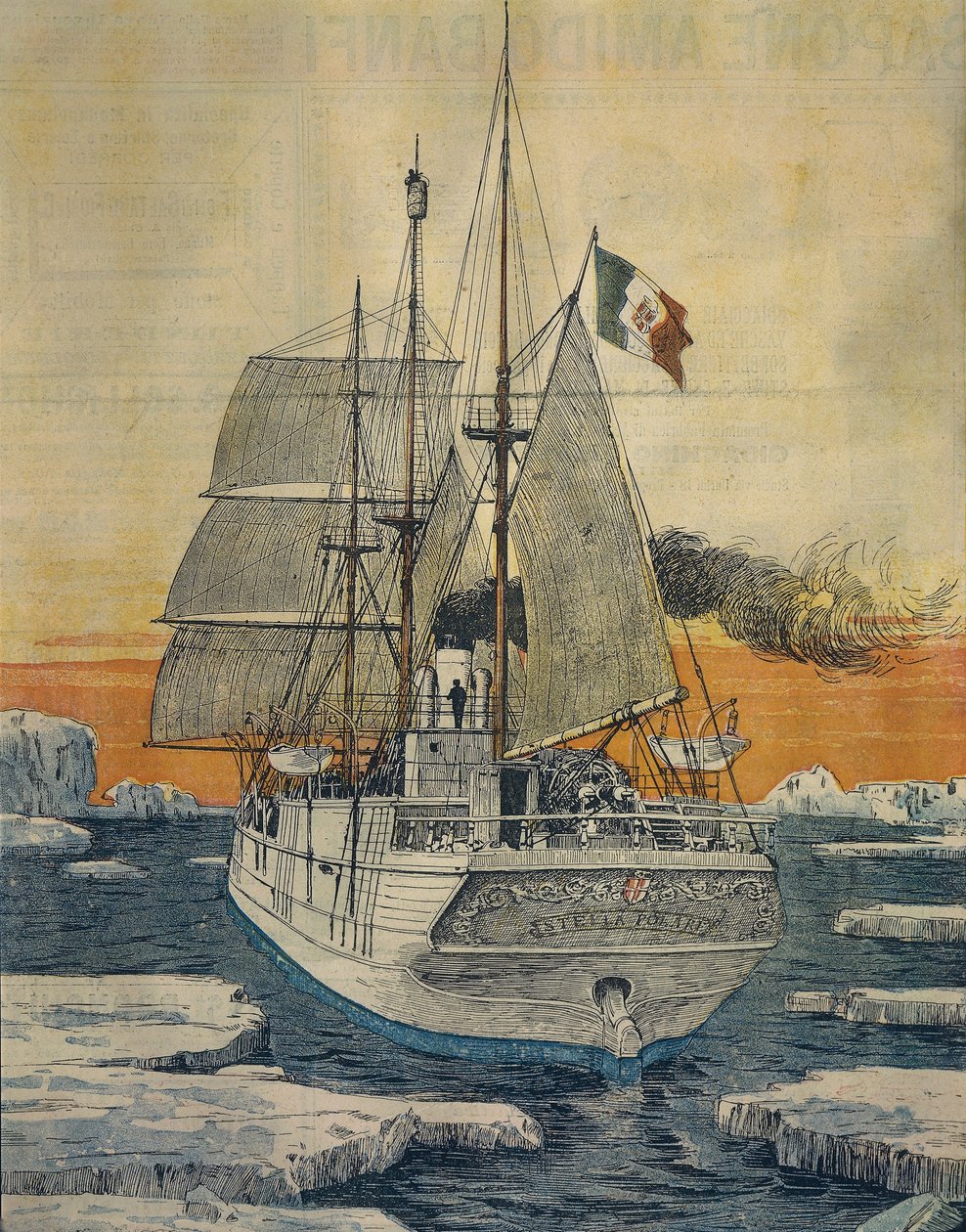 Utazás az Északi-sarkra: Sarkcsillag hajó, amely Luigi Amedeo Savoy-Aosta herceget, Abruzzi hercegét szállította a Rudolf-szigeten lévő Teplitz-öbölbe, Achille Beltrame (1871-1945), La Domenica del Corriere-ből alkotó: Achille Beltrame