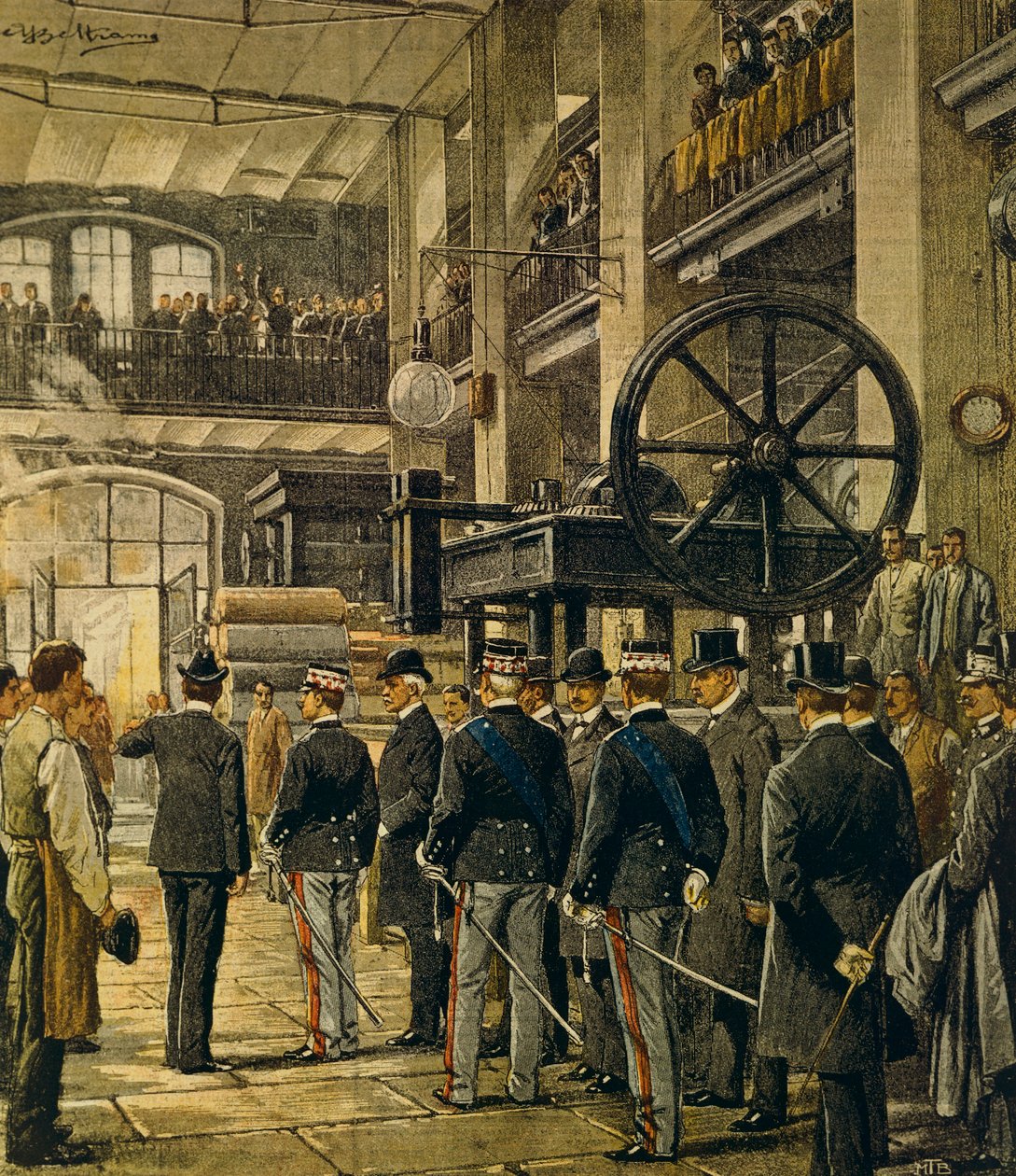 III. Vittorio Emanuele király milánói gyárakat látogat meg, Achille Beltrame (1871-1945) a La Domenica del Corriere-ből, 1905. október 8. alkotó: Achille Beltrame