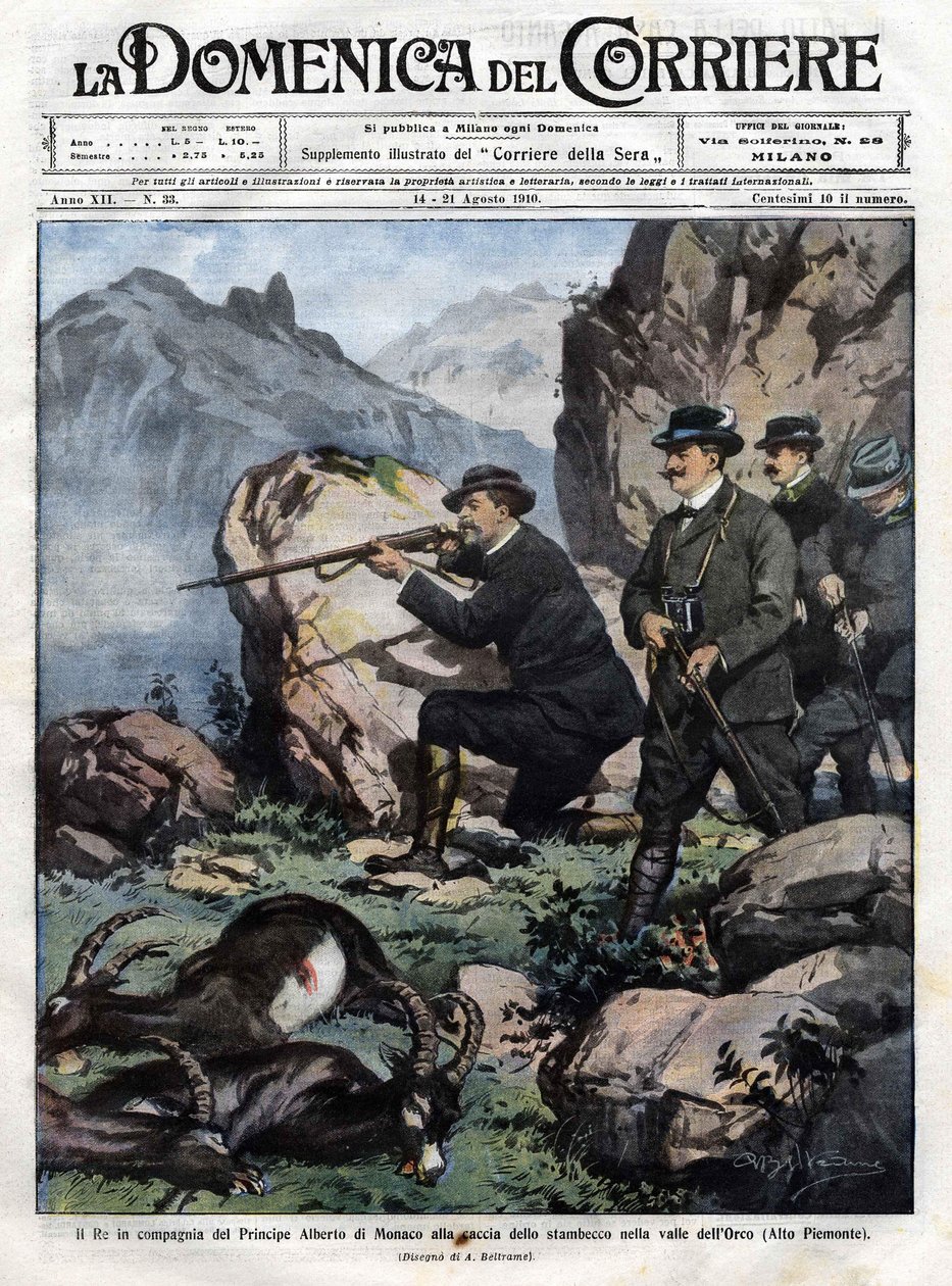 III. Viktor Emmanuel olasz király (Victor-Emanuel) (Vittorio Emanuele) I. Albert monacói herceggel a kősziklára vadászik. a domenica del corriere 1910. augusztus 14-i borítója alkotó: Achille Beltrame