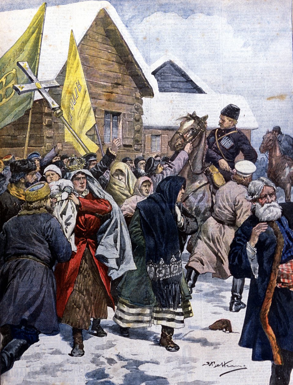 Babona Oroszországban: a rendőrség megpróbálja feloszlatni az Újkeresztények szektáját. Illusztráció: Beltrame. A Domenica del corriere. 1901. alkotó: Achille Beltrame