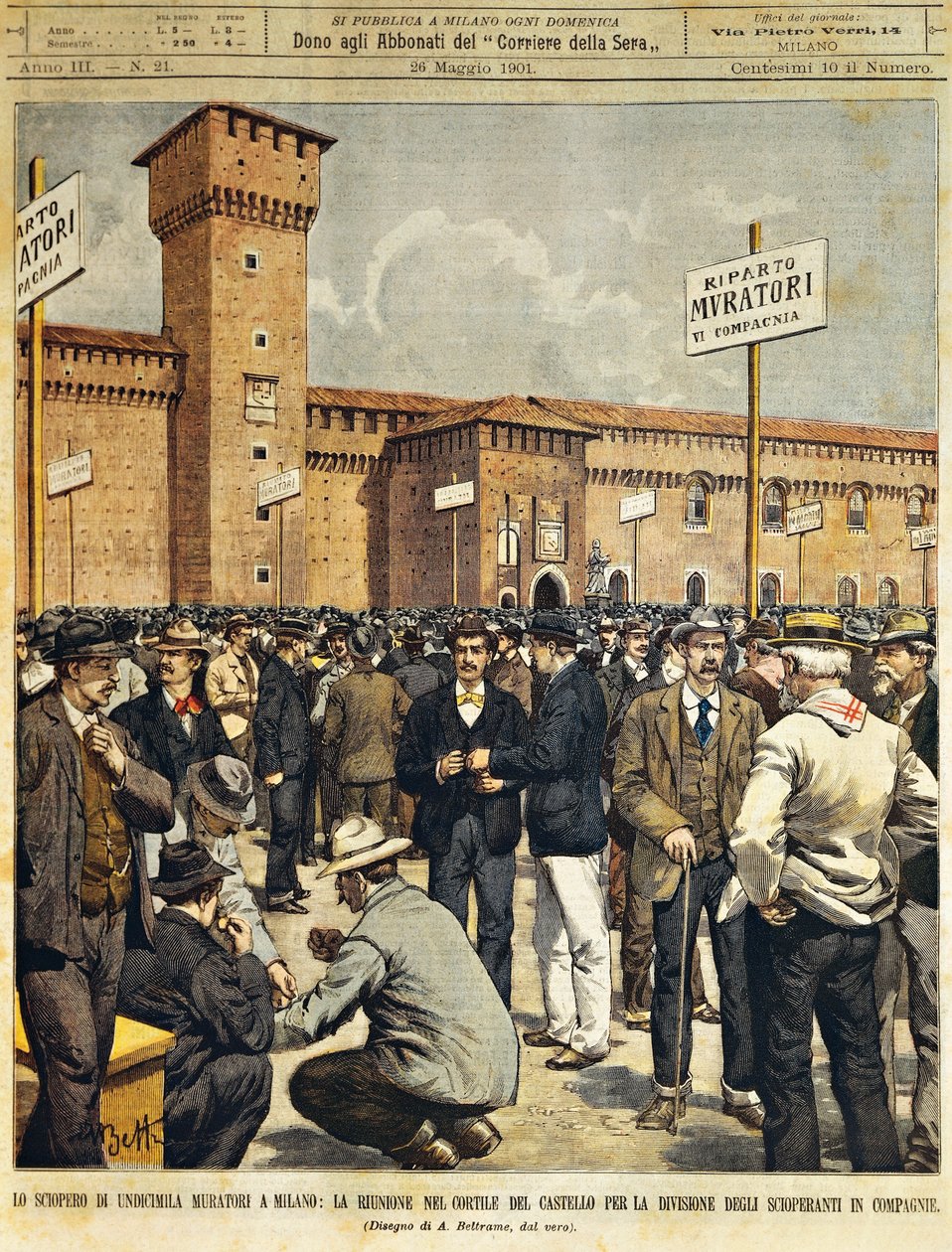 Nagyszabású építősztrájk Milánóban: Nyilvános találkozó a Sforzesco-kastély nagy udvarában, Achille Beltrame (1871-1945), La Domenica del Corriere, 1901. május 26. alkotó: Achille Beltrame