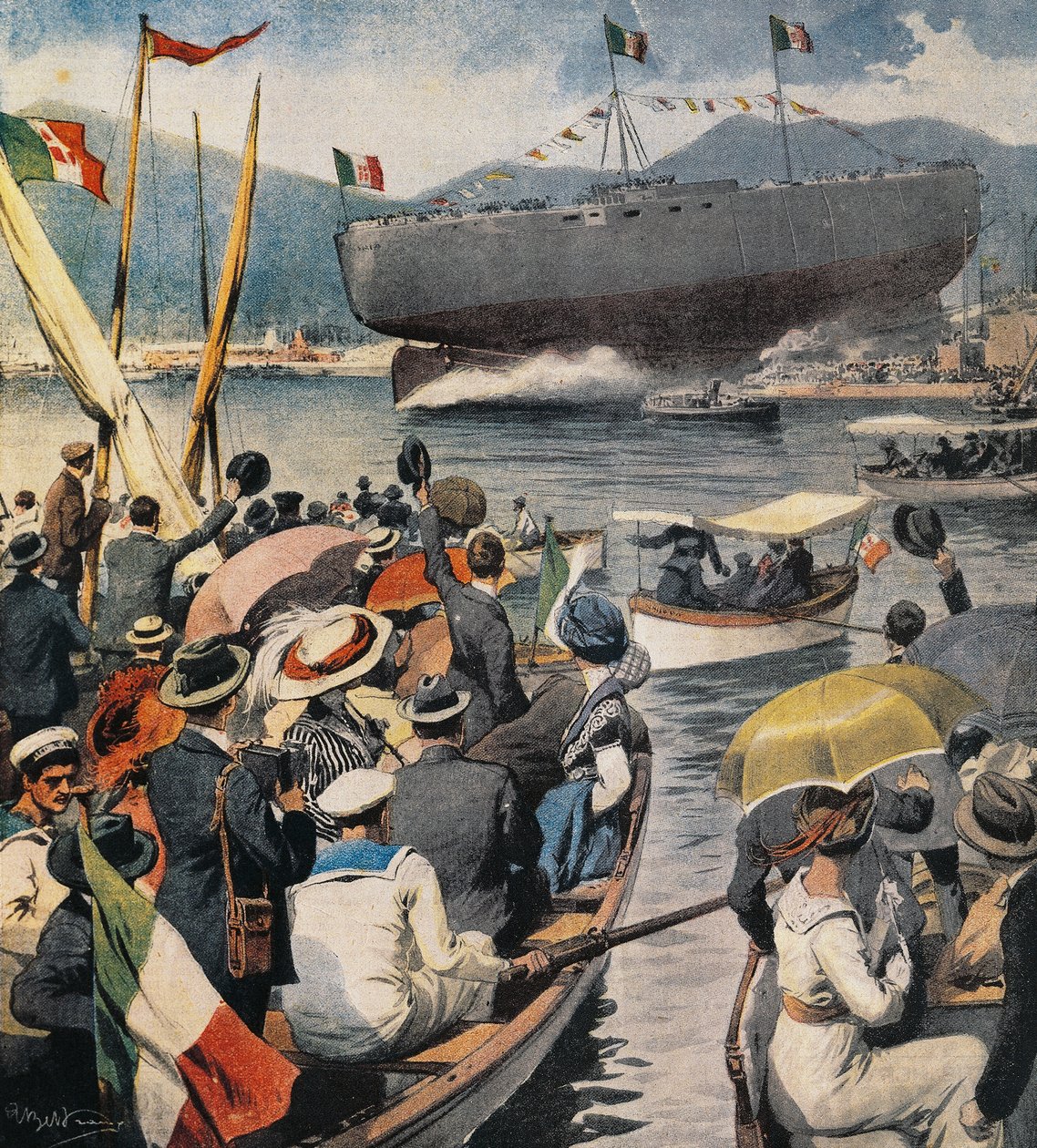 Az Andrea Doria csatahajó vízre bocsátása a La Spezia-i Arsenale-ból, panel Achille Beltrame (1871-1945), La Domenica del Corriere, április 6. alkotó: Achille Beltrame