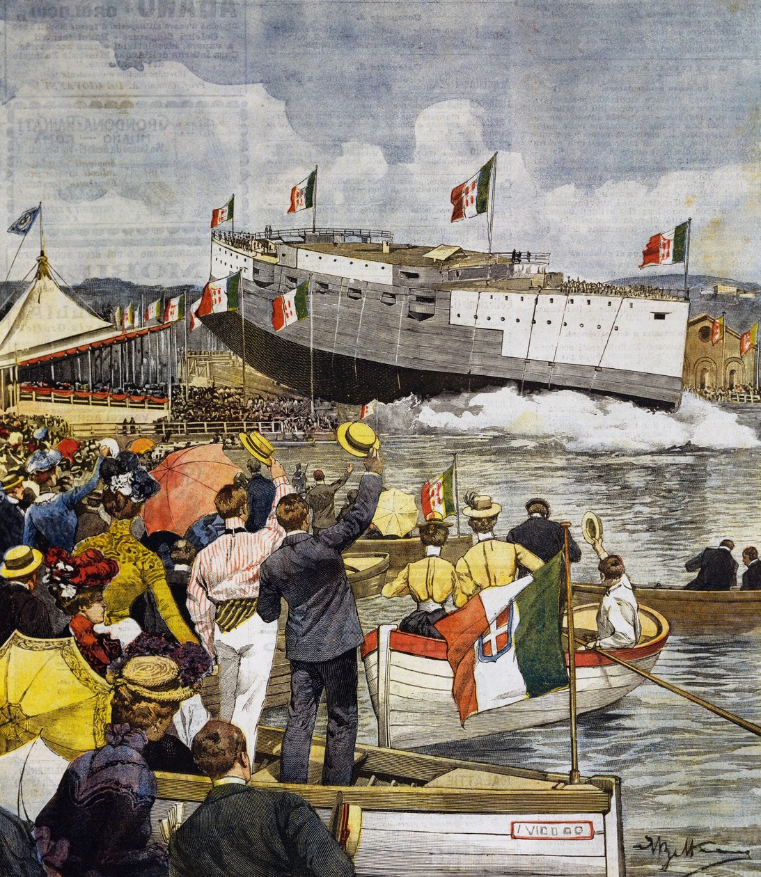 A Regina Margherita csatahajó vízre bocsátása La Speziában, panel Achille Beltrame (1871-1945), La Domenica del Corriere, június 9. alkotó: Achille Beltrame