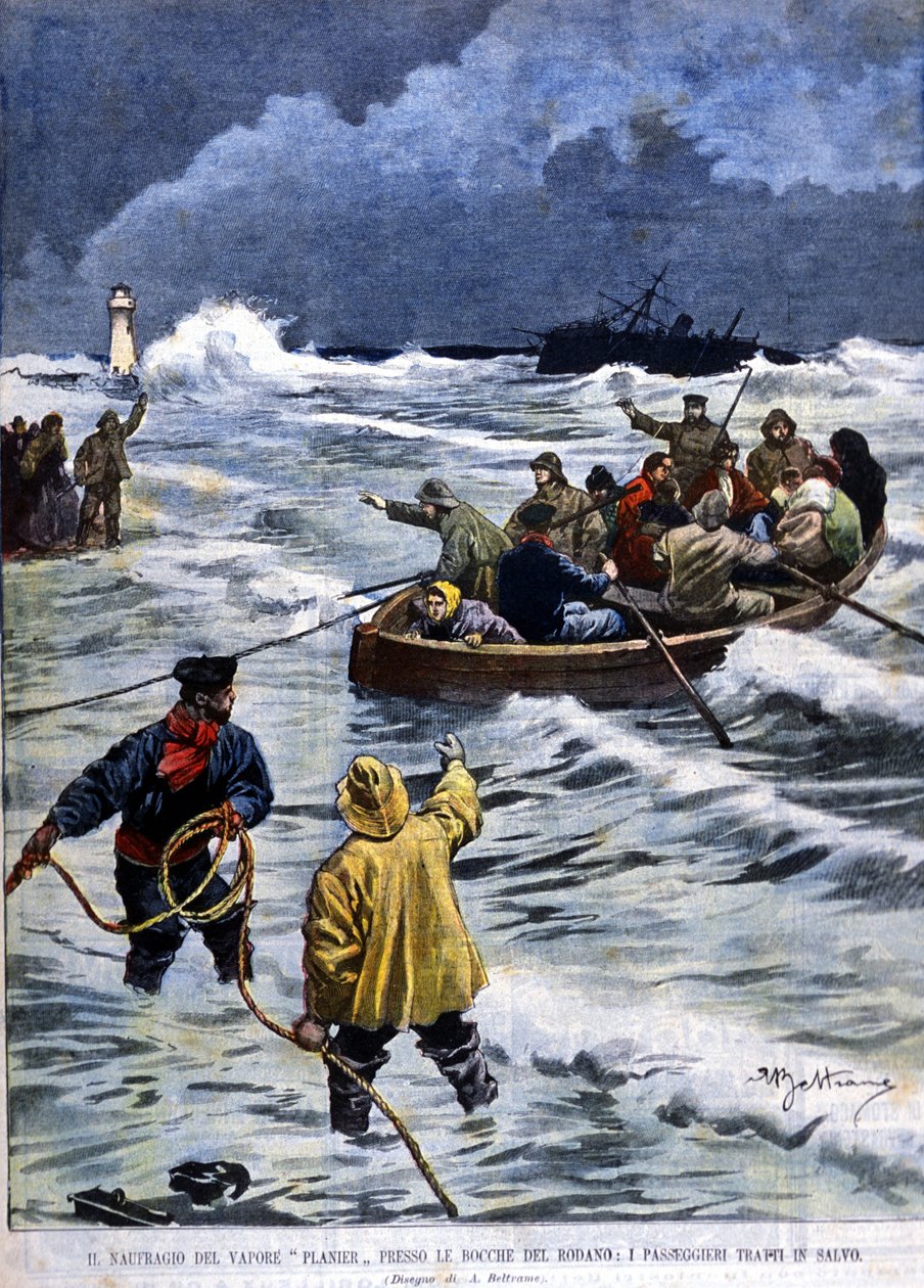 A Planier gőzhajó elsüllyedése Bouches du Rhône közelében: a mentők visszahozták az utasokat. Beltrame illusztrációja. La Domenica del corriere. 1901. alkotó: Achille Beltrame