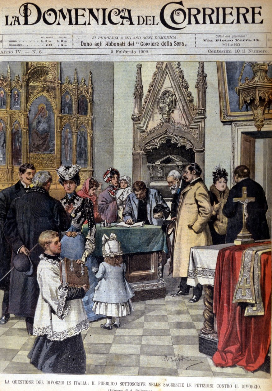 A válás problémája Olaszországban: a lakosság petíciókat ír alá a válás ellen a sekrestyékben. Illusztráció: Beltrame. A Domenica del corriere. 1902.02.09 alkotó: Achille Beltrame