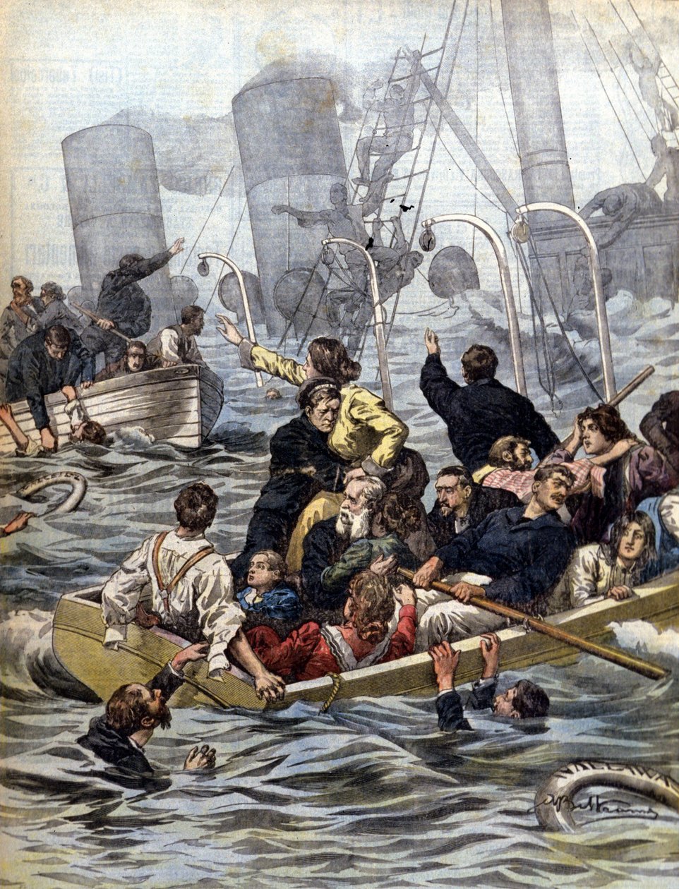 Tengeri drámák: a Klondike-i aranyásókkal megrakott Wallawalla hajó elsüllyedése. Beltrame illusztrációja. La Domenica del corriere. 1902 alkotó: Achille Beltrame
