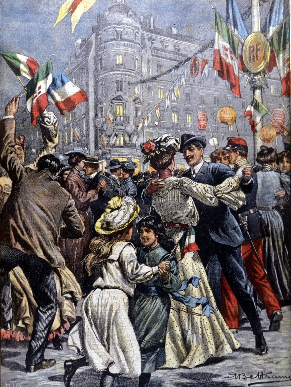 Olaszország uralkodói Párizsban: népszerű bálok az utcákon. Beltrame illusztrációja. La Domenica del corriere. 1903. alkotó: Achille Beltrame