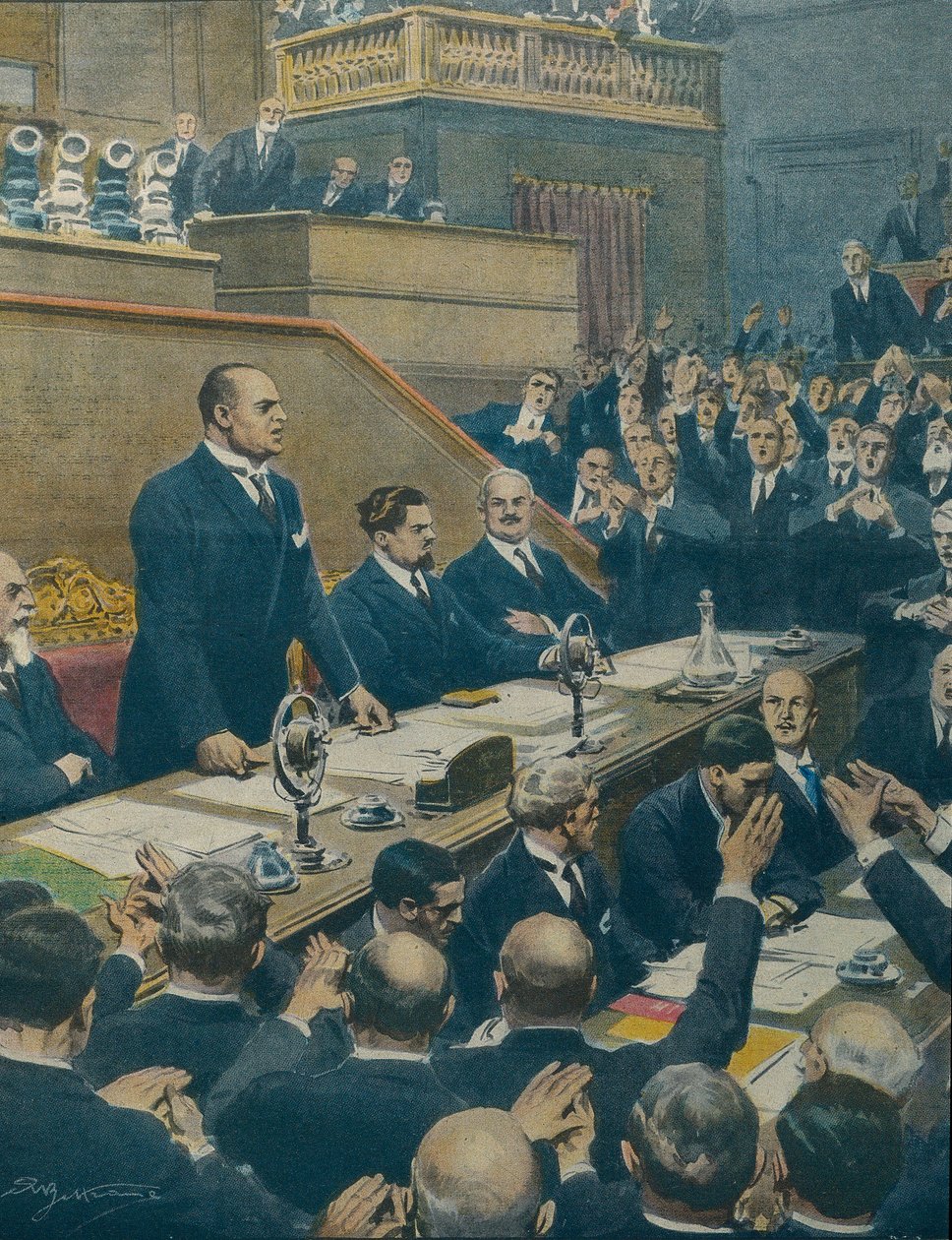 MUSSOLINI, Benito (1883-1945). Olasz fasiszta politikus, Olaszország hercege (vezetője) (1925-1943). Mussolini bejelenti a szenátusnak a négy nyugati hatalom között létrejött szövetséget. Achille Beltrame (1871-1945) a La Domenica del Corriere-ből, június  alkotó: Achille Beltrame