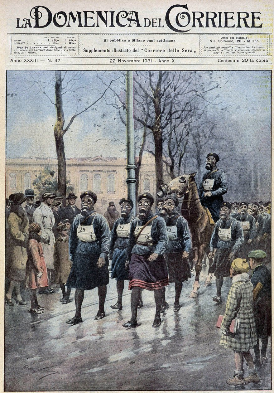 Varsóban megszervezett március a lakosság gázmaszkok használatára való gyakorlására – A. Beltrame rajza, „” la Domenica del Corriere” 1931.11.22. alkotó: Achille Beltrame