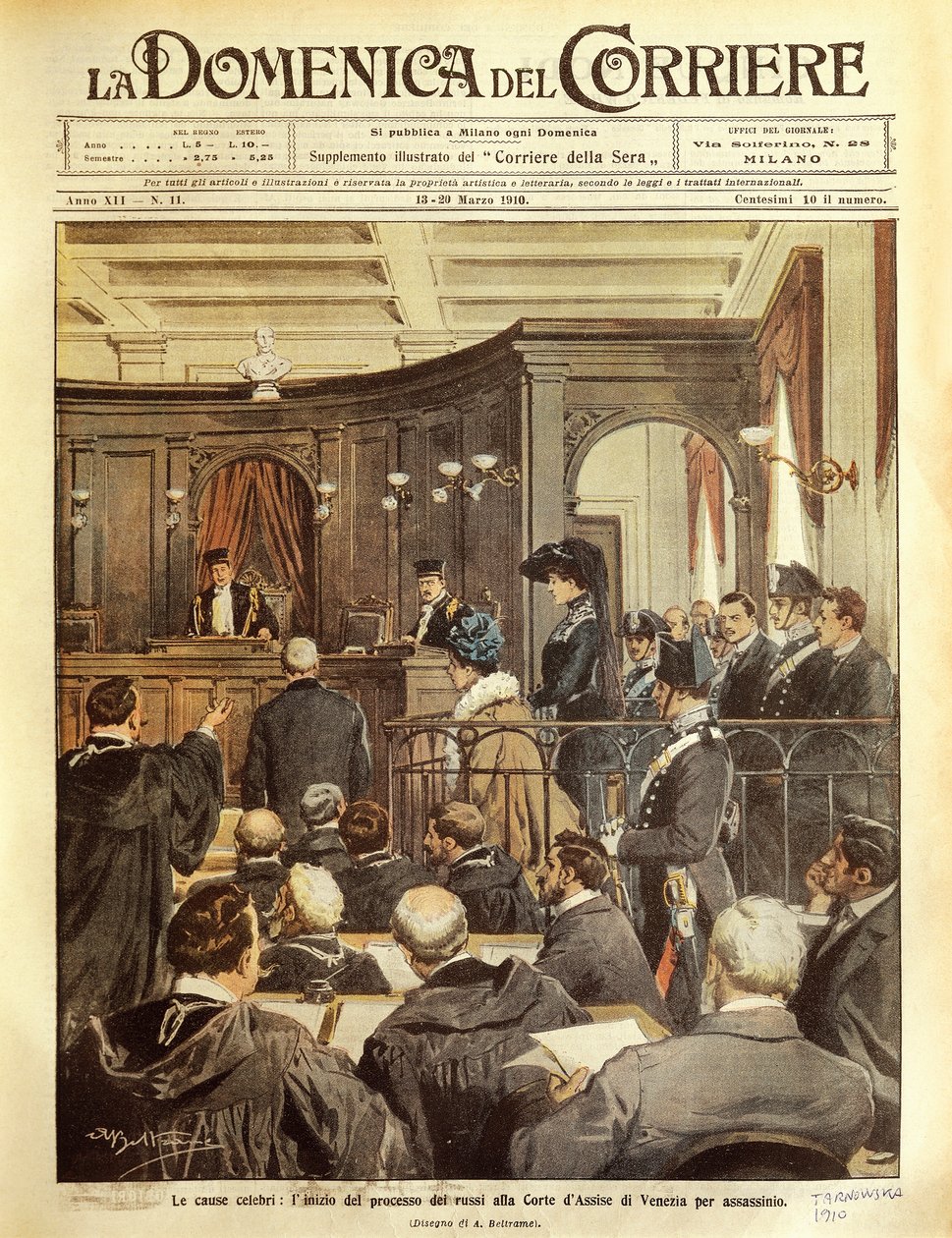 Maria Tarnowska per alatt áll Velencében, Achille Beltrame, illusztráció, Achille Beltrame (1871-1945) illusztrátor, a La Domenica del Corrierből alkotó: Achille Beltrame