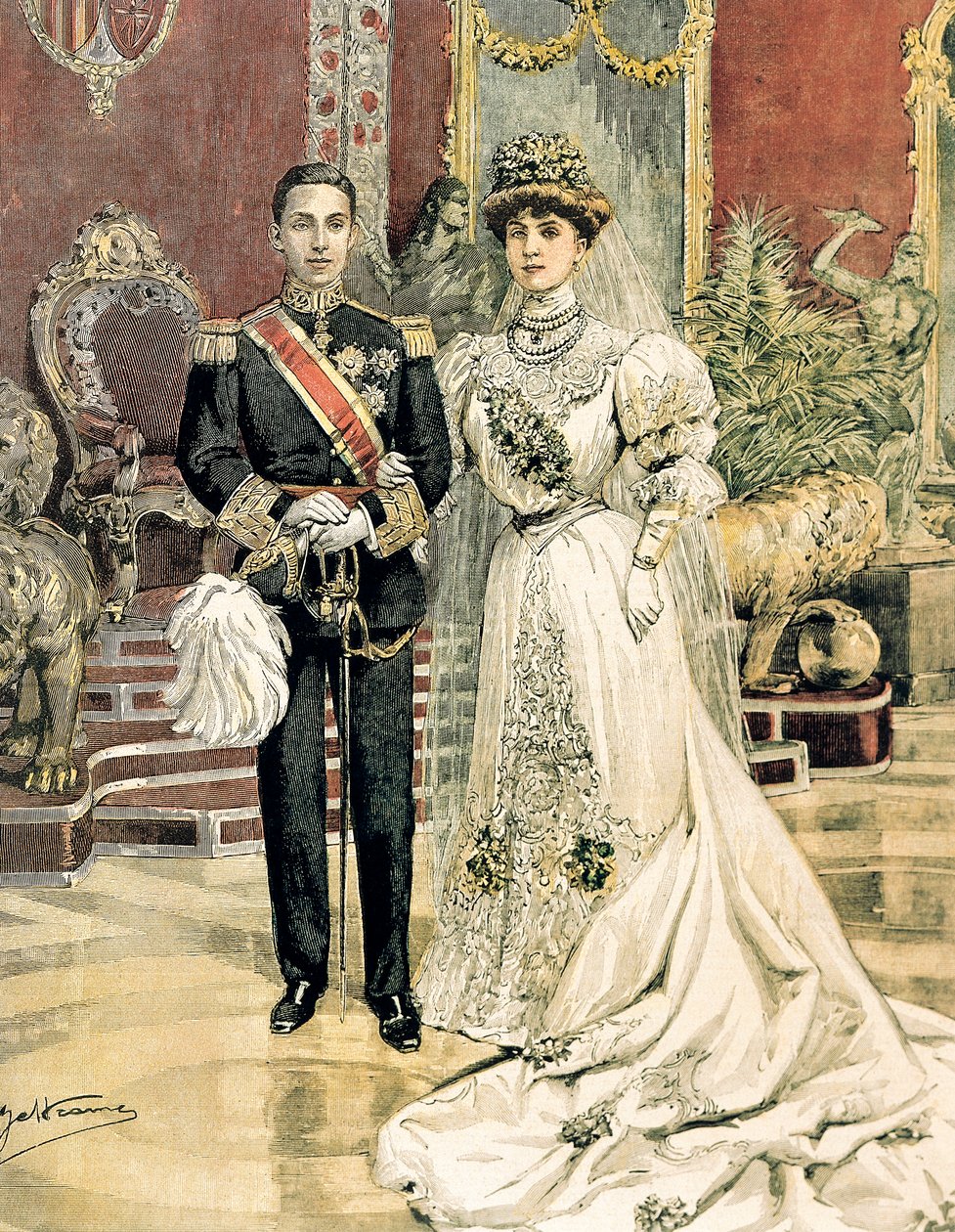 XIII. Alfonz spanyol király és Ena battenbergi hercegnő, Achille Beltrame (1871-1945) házassága a La Domenica del Corriere-ből, június 3. alkotó: Achille Beltrame