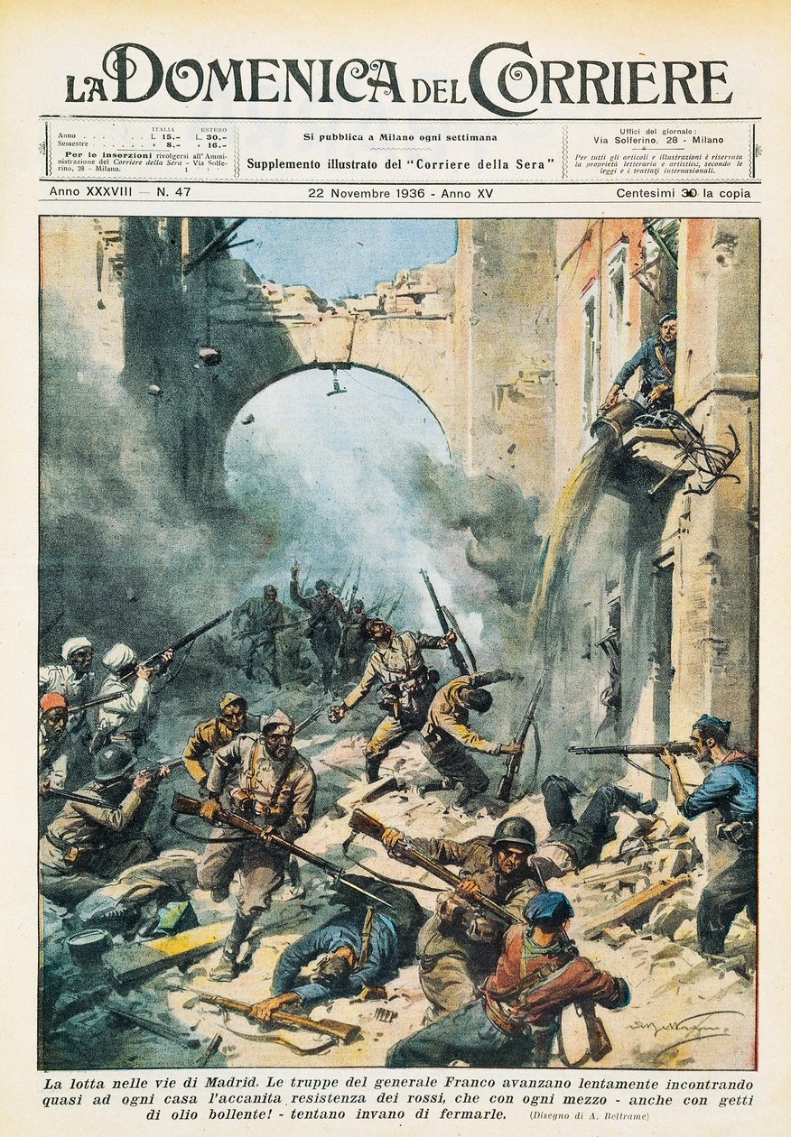 Közelharc Madrid utcáin a spanyol polgárháború idején, Achille Beltrame (1871-1945), a La Domenica del Corriere-ből, november 22. alkotó: Achille Beltrame