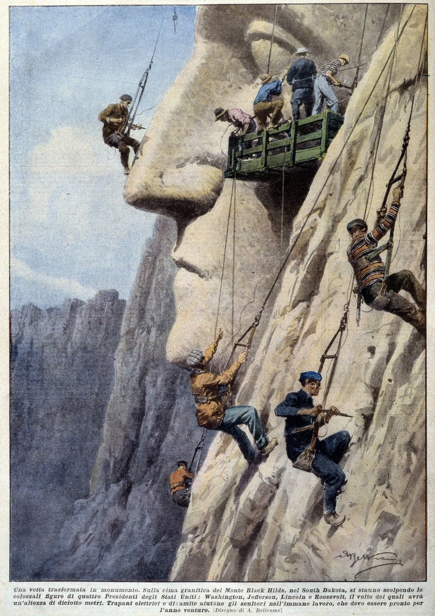 Férfiak gránitsziklán másznak és szobrászok dolgoznak a Mount Black Hilds amerikai elnökök emlékművének építésénél – A. Beltrame rajza a „La Domenica del Corriere”-ben” alkotó: Achille Beltrame