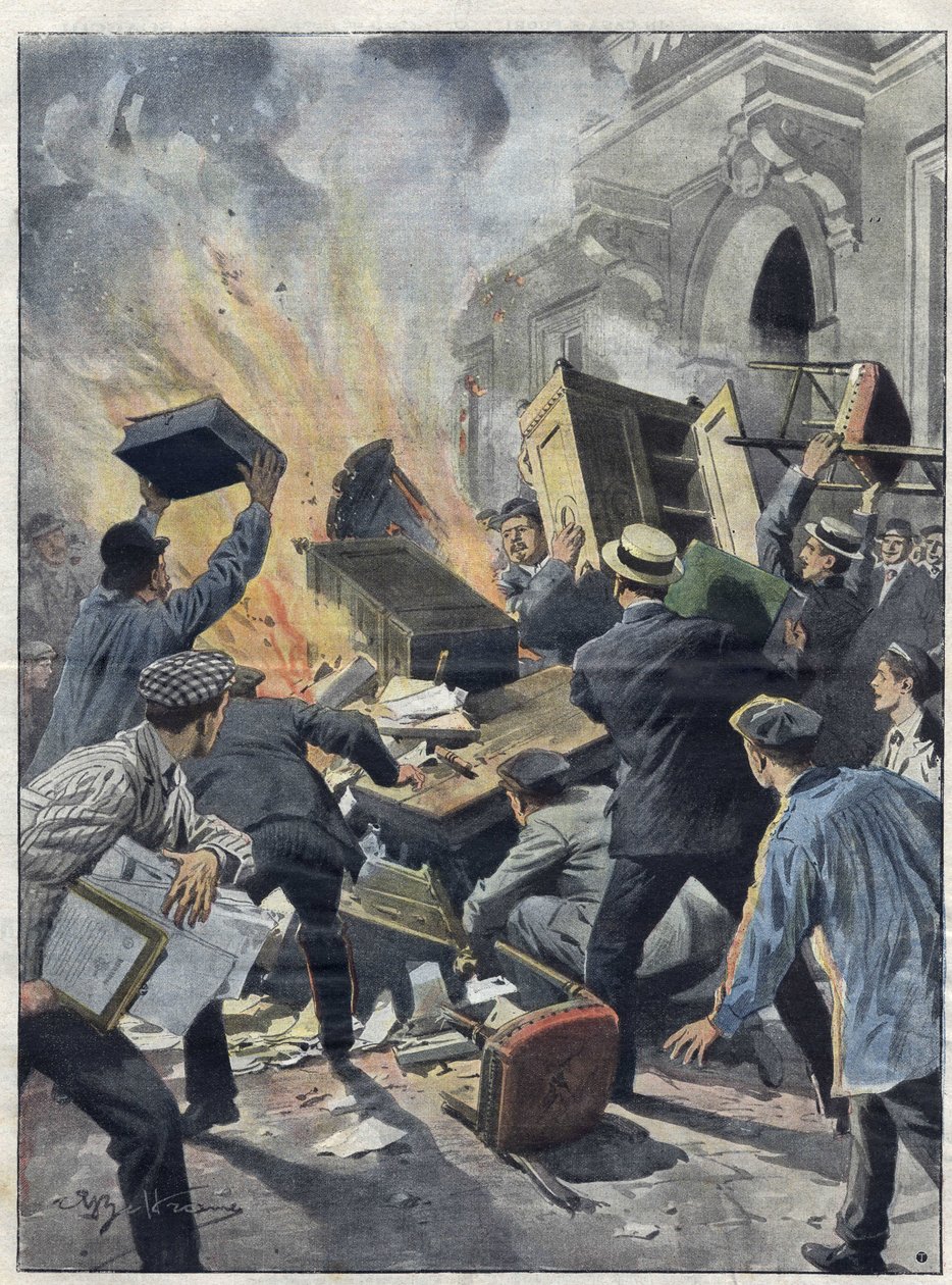 Midi borválság 1907-ben: borászok felgyújtották Beziers (Herault) városházát. Achille Beltrame illusztrációja 1907-ből. alkotó: Achille Beltrame