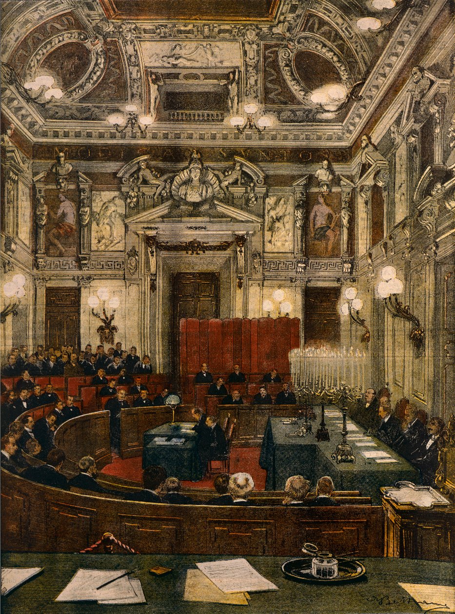 Az új milánói városi tanács ülése, Achille Beltrame (1871-1945) a La Domenica del Corriere-től alkotó: Achille Beltrame