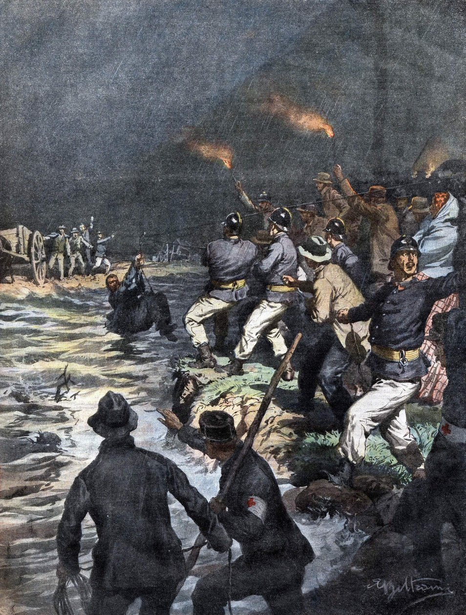A Serio folyó egyik szigetén, Bergamo közelében blokkolt kocsisok csodálatos mentése – Beltrame illusztrációja a „La Domenica del Corriere”-ben” 1909.10. alkotó: Achille Beltrame