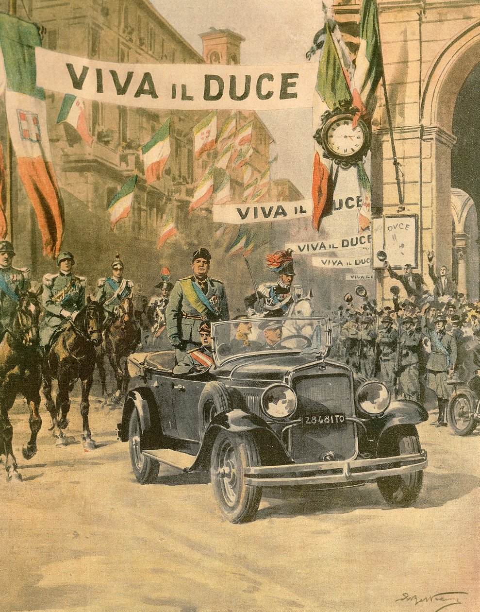 Mussolini diadalmas érkezése Torinóba, Achille Beltrame (1871-1945) a La Domenica del Corriere 1932. októberi számából alkotó: Achille Beltrame