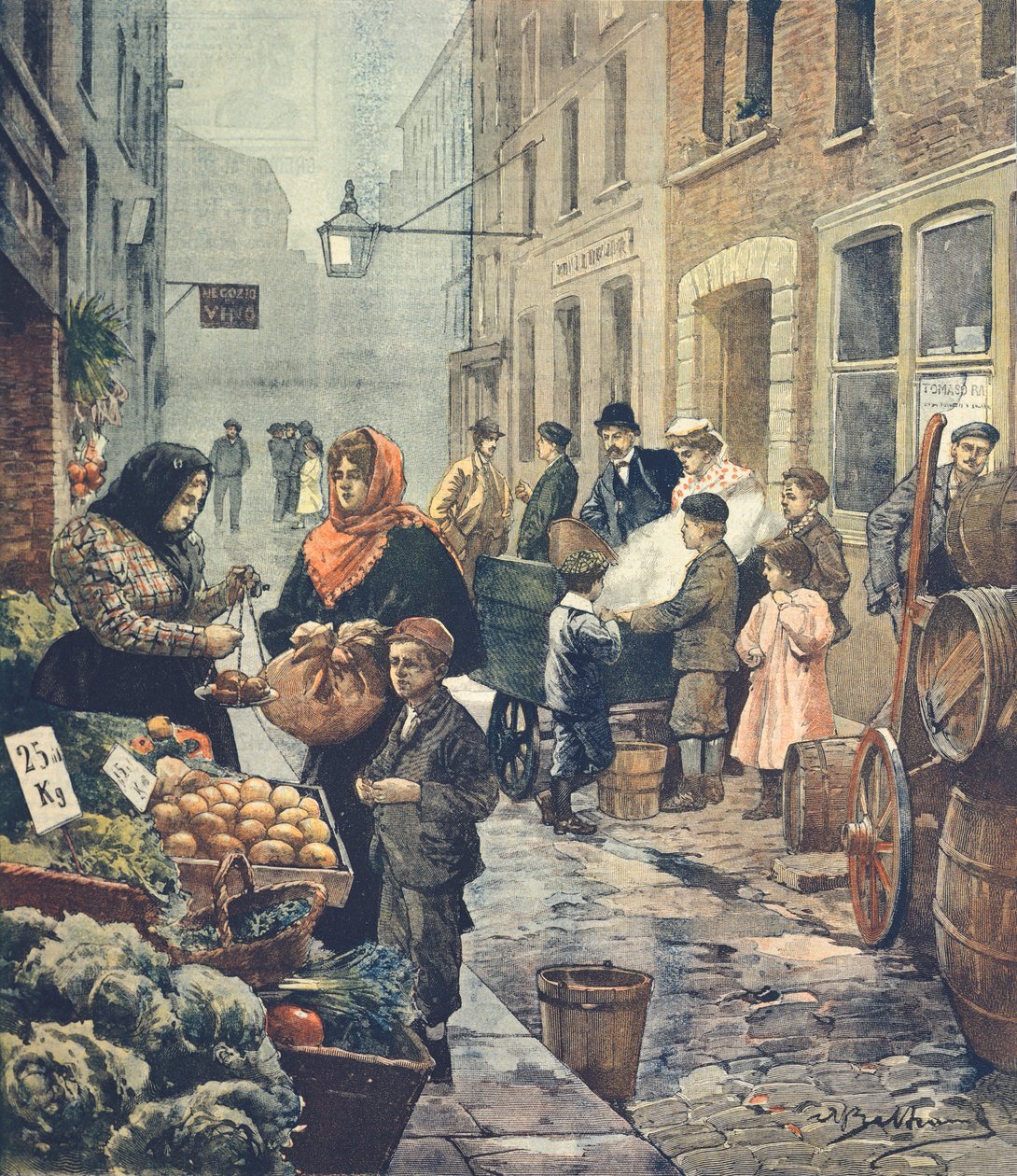 Az olasz negyed egyik legjellegzetesebb utcája, a londoni Soffron Hill, Achille Beltrame (1871-1945) a La Domenica del Corriere-ből alkotó: Achille Beltrame