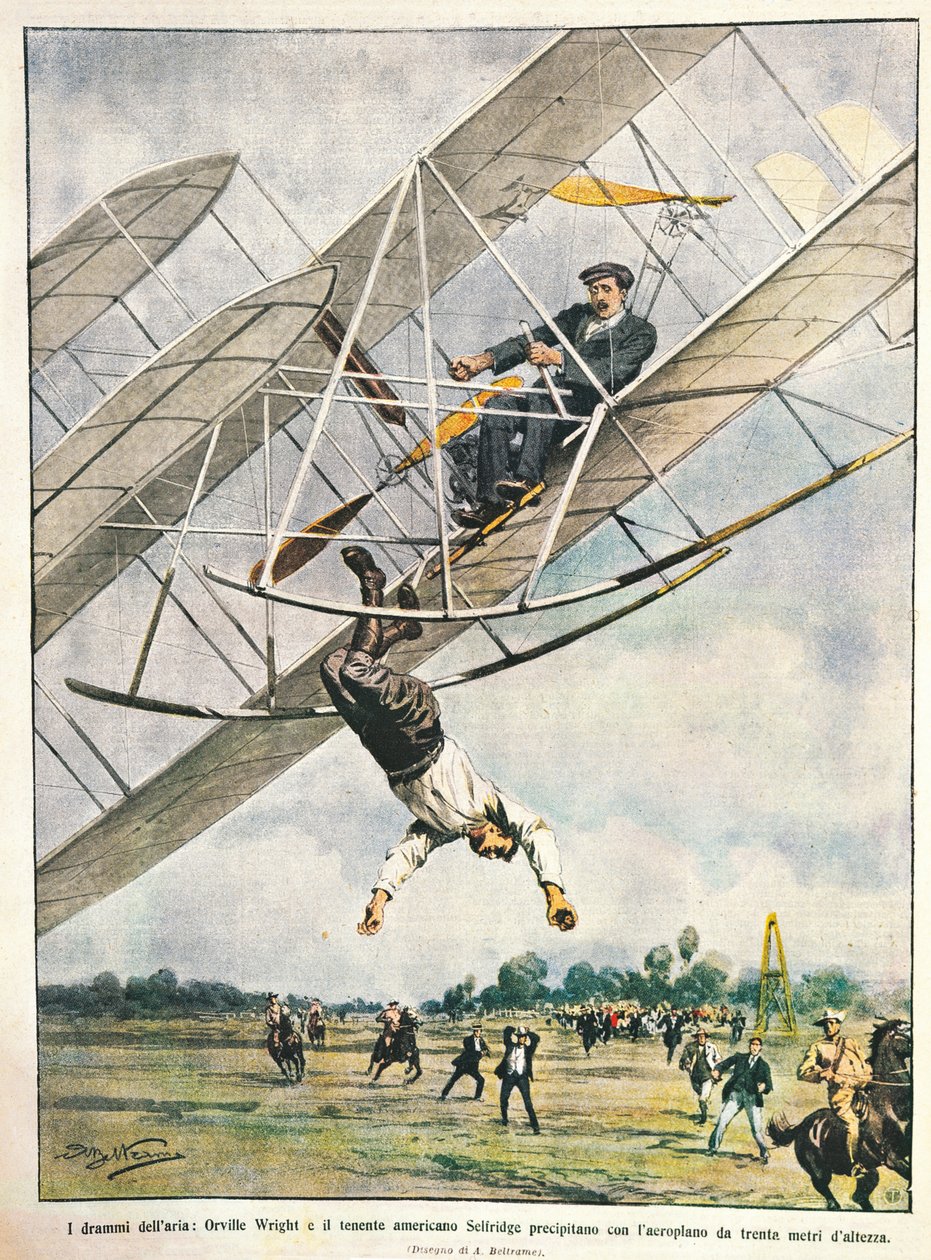 Orville Wright és Seliridge hadnagy harminc méterről kétfedelű repülőgéppel zuhan, Amerikai Egyesült Államok, Achille Beltrame illusztrációja a La Domenica del Corriere-ből, október 11. alkotó: Achille Beltrame