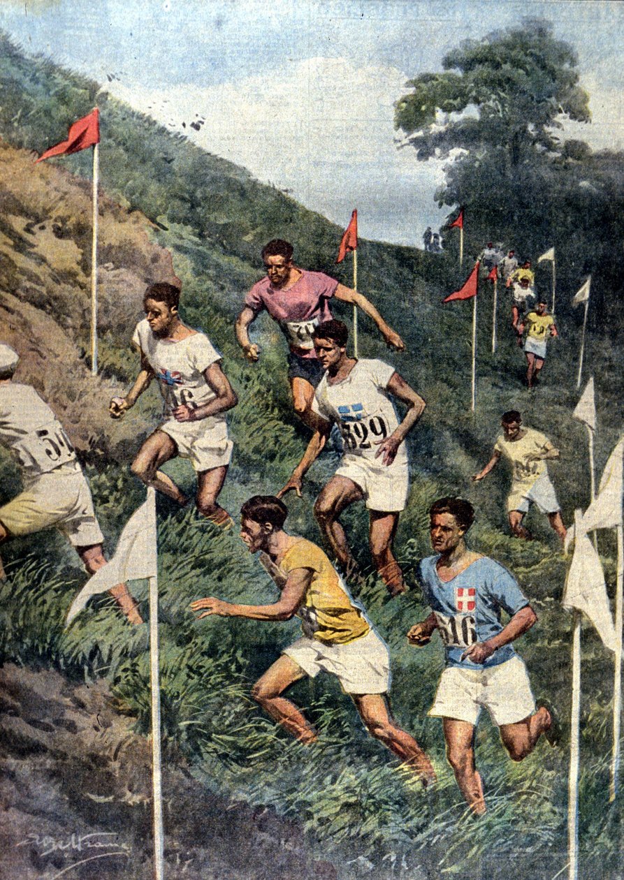 Párizsi Olimpiai Játékok: futás természetes akadályokkal: terepfutás. Ill. de Beltrame. La Domenica del Corriere alkotó: Achille Beltrame