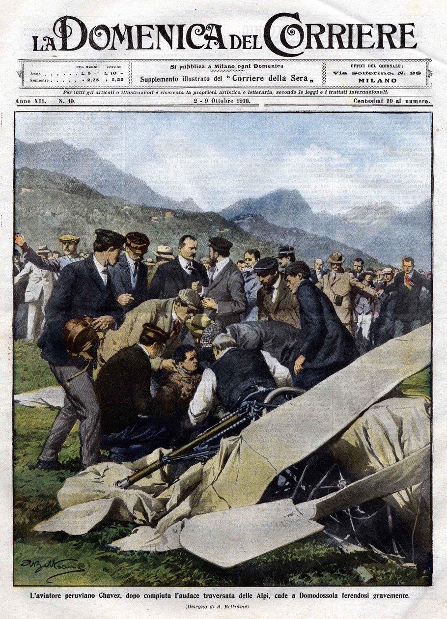 Chavez perui repülős, miután merészen átkelt az Alpokon, súlyos sérülésekkel lezuhant Domodossolában. Beltrame illusztrációja. 1910.02.10. La Domenica del Corriere. alkotó: Achille Beltrame