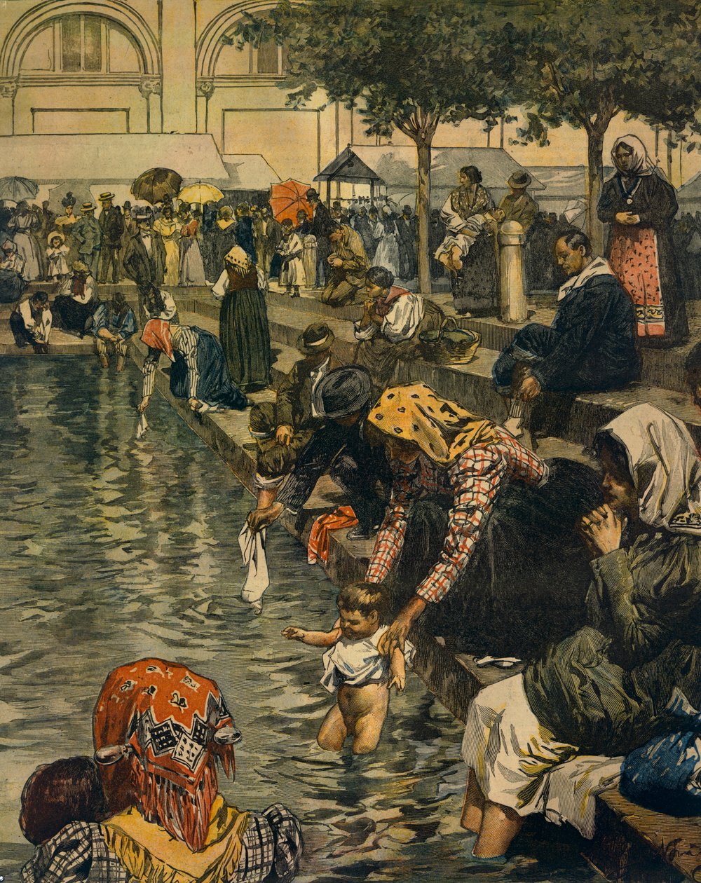 Zarándoklat Caravaggioba: Fürdés csodás vizekben, Achille Beltrame (1871-1945), La Domenica del Corriere alkotó: Achille Beltrame