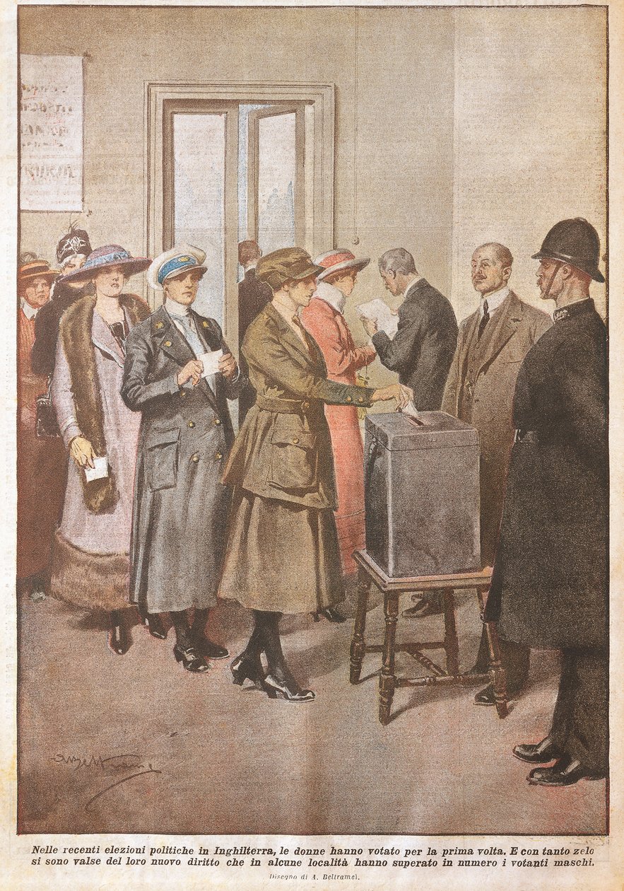 Politikai választások Angliában: Nők először szavaznak, Achille Beltrame (1871-1945), La Domenica del Corriere, XX. század alkotó: Achille Beltrame