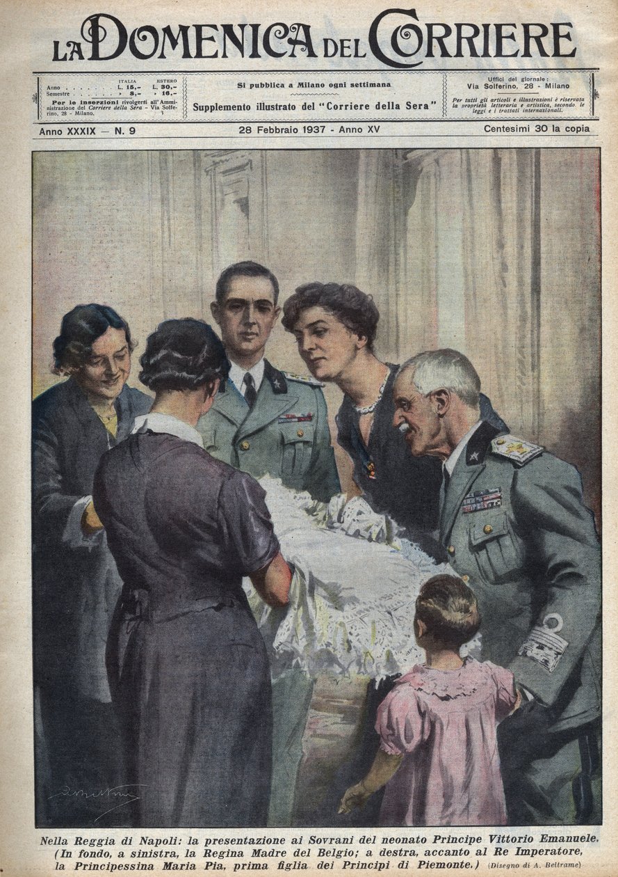 Vittorio Emanuele csecsemő herceg bemutatása az uralkodóknak, bal oldalon a belgák anyja, Elisabeth de Baviere (1876-1965), jobb oldalon Victor-Emmanuel (Victor Emmanuel) (Vittorio Emanuele) Savoyai III. a háttér Fathe alkotó: Achille Beltrame