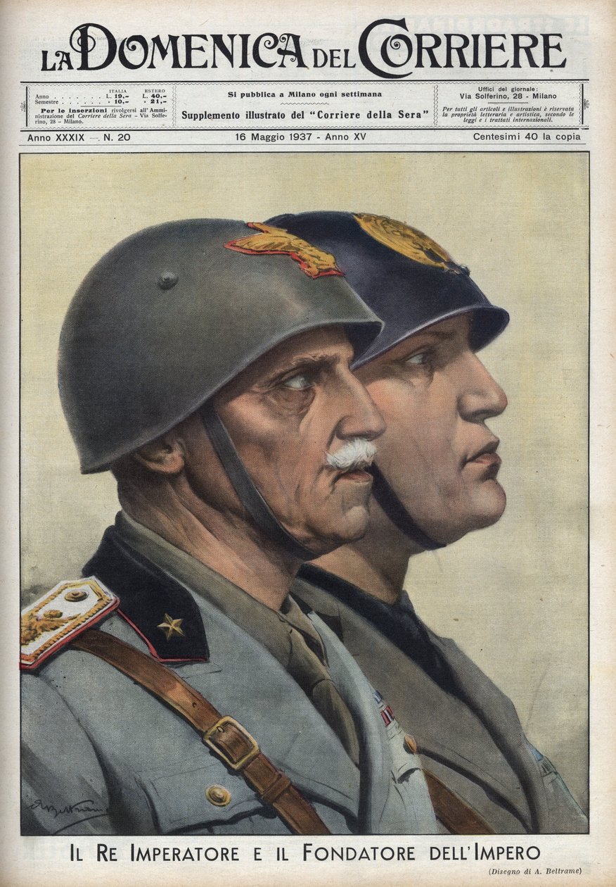 Vittorio Emanuele (Victor Emmanuel) király és a birodalomalapító Benito Mussolini herceg profiljai a római császárok módjára. Achille Beltrame illusztrációja a „La domenica del Corriere”-ben, 1937.05.16. alkotó: Achille Beltrame
