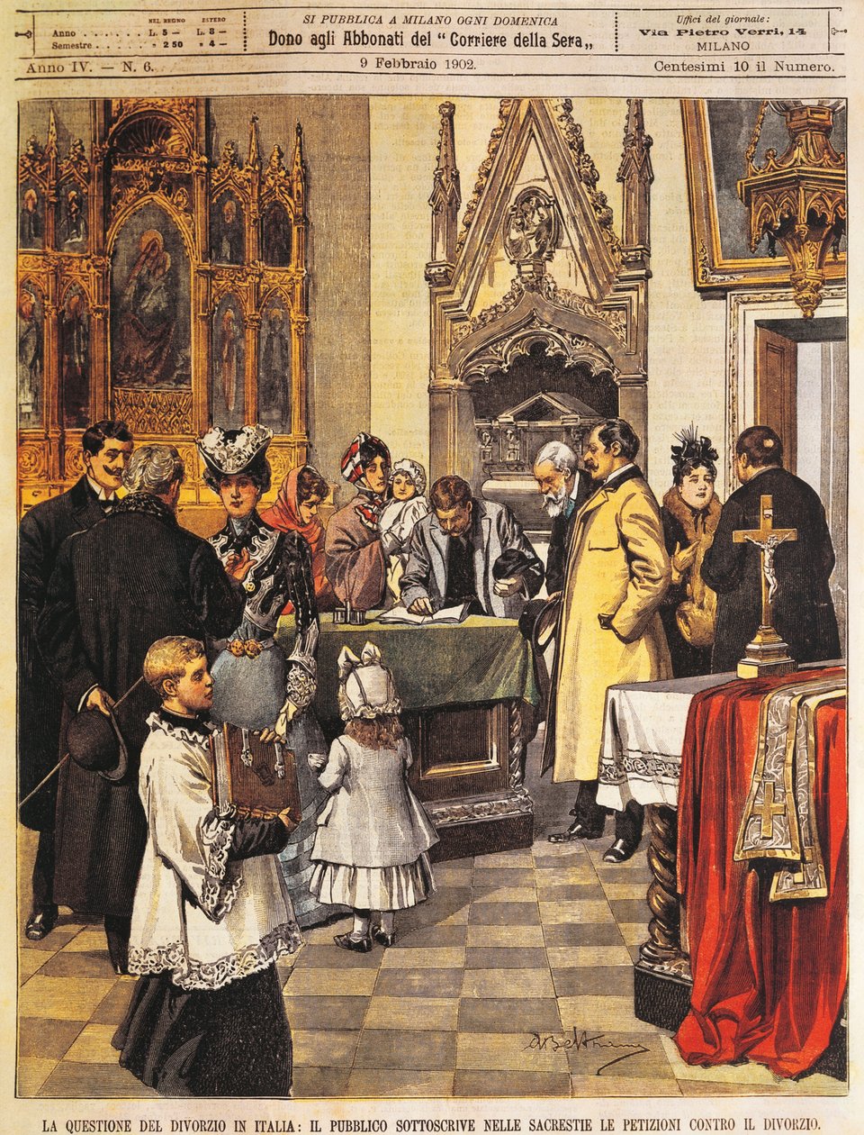 Nyilvános aláírás petíció a válás ellen a sekrestyében, Achille Beltrame, illusztráció, illusztrátor Achille Beltrame (1871-1945), La Domenica del Corriere, 1902. február 9. alkotó: Achille Beltrame