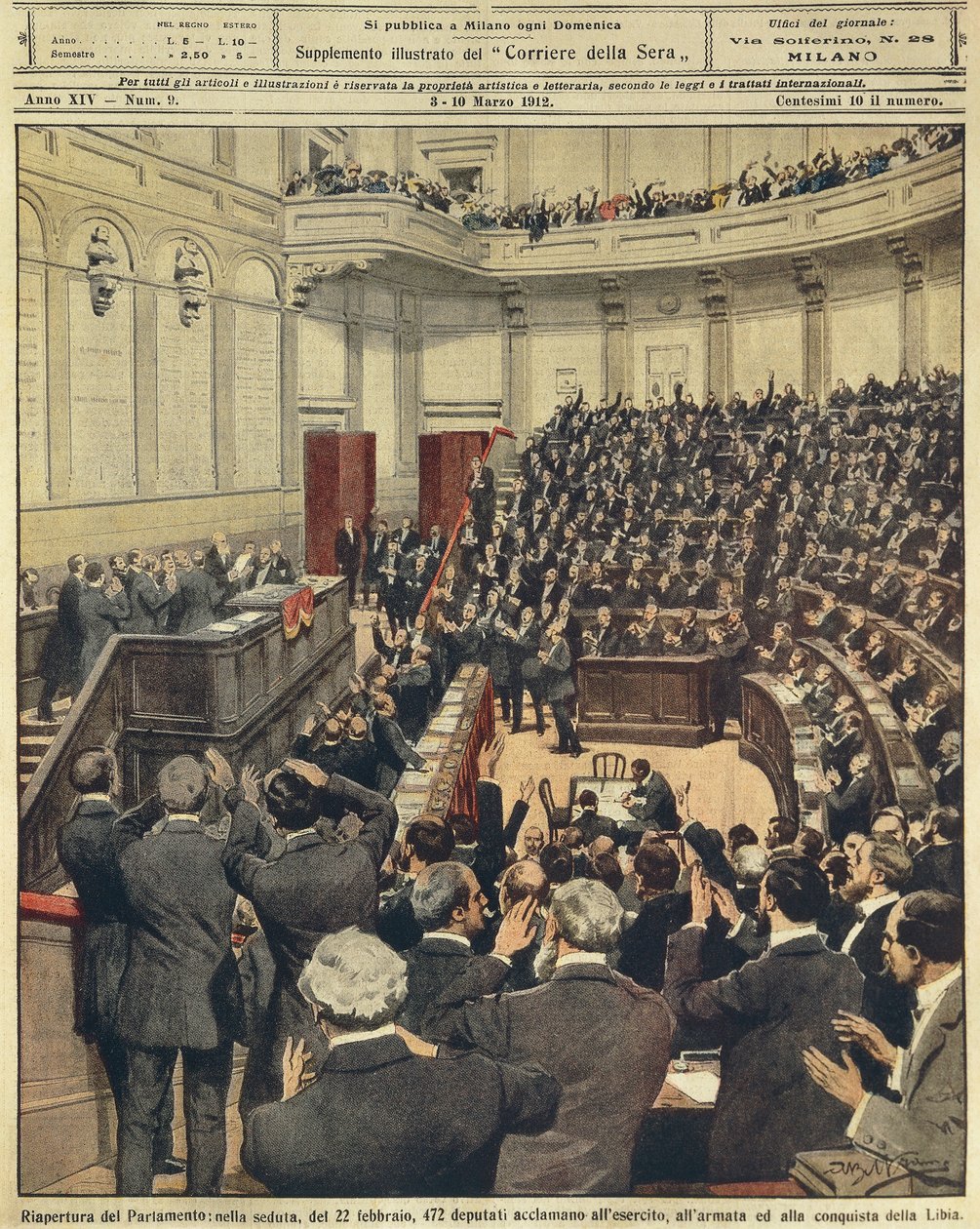 Az olasz parlament újbóli megnyitása február 22-én este, a hadsereg éljenzése a sikeres líbiai hadjárat után, Achille Beltrame, illusztráció, Achille Beltrame (1871-1945), a La Domenica del Corriere-ből, 1912. március 3. alkotó: Achille Beltrame