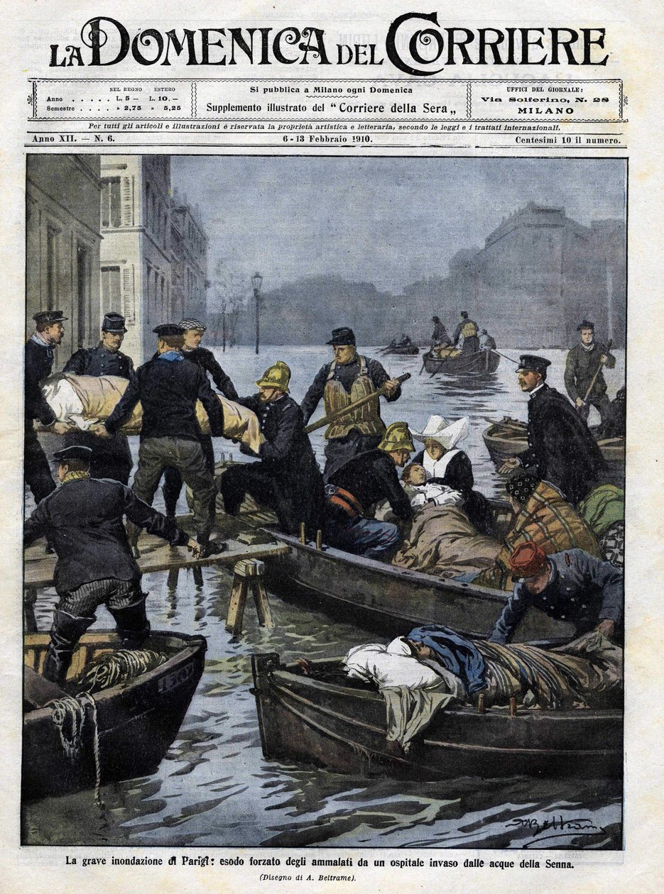 Betegek mentése Párizsban az 1910. februári árvíz idején. A „domenica del corriere”” borítója. 1910. február 13., Achille Beltrame illusztrációja alkotó: Achille Beltrame
