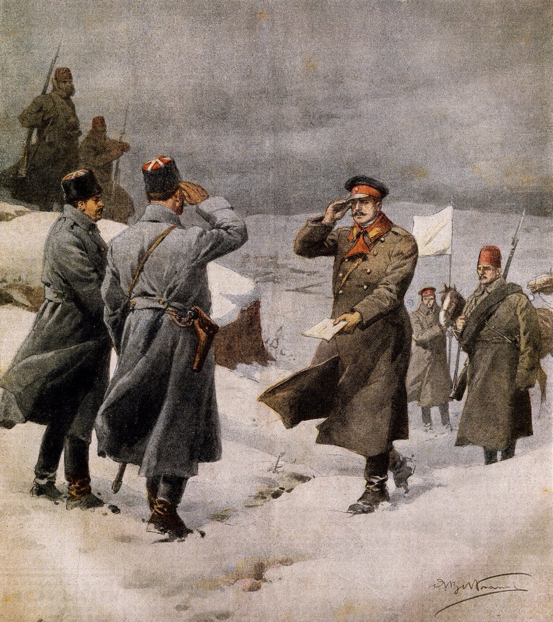 A háború újrakezdése, török parlamenti képviselő a bolgár táborba érkezik a fegyverszünet végét hirdető üzenettel, Achille Beltrame (1871-1945), illusztráció a La Domenica del Corriere-ből, február 9. alkotó: Achille Beltrame