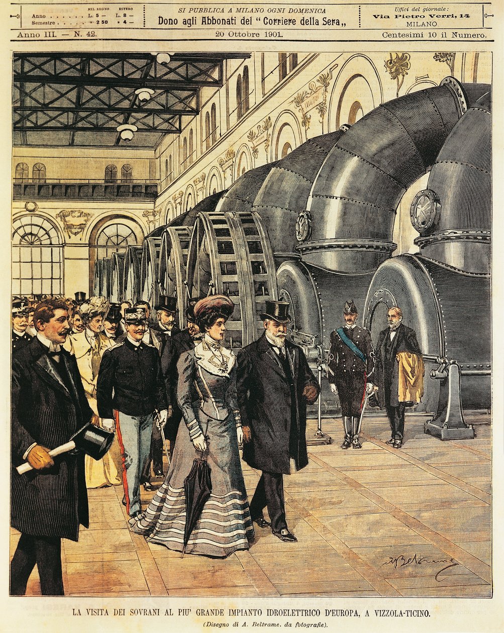 A királyiak meglátogatják Európa legnagyobb vízerőművét Vizzola Ticinóban (Olaszország), készítette Achille Beltrame (1871-1945), a La Domenica del Corriere-ből, 1901. október 20. alkotó: Achille Beltrame