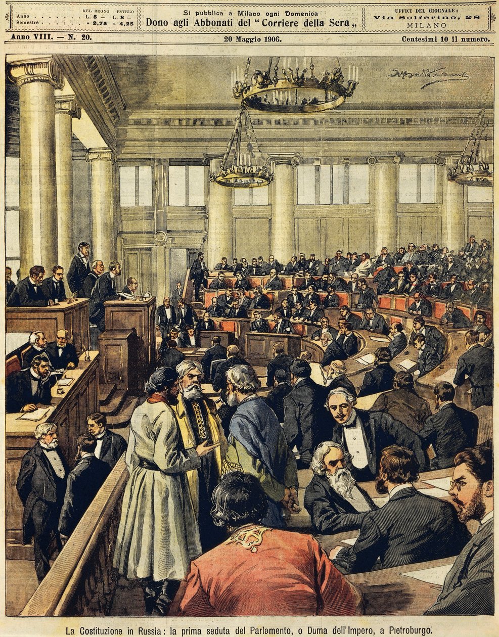 Orosz alkotmány: a parlament első ülése Szentpéterváron, Achille Beltrame (1871-1945), La Domenica del Corriere, 1906. május 20. alkotó: Achille Beltrame