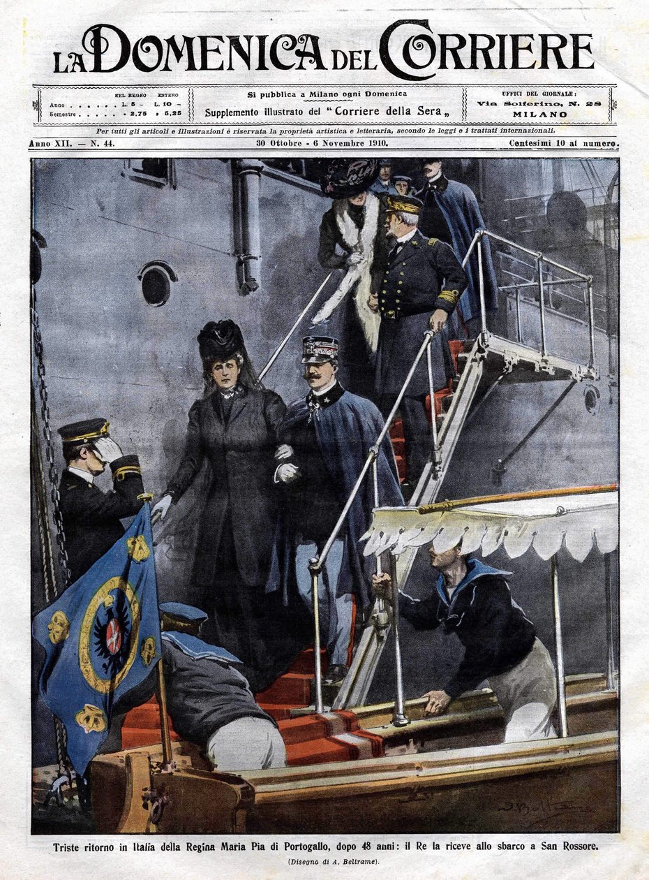 Maria Pia portugál királynő szomorú visszatérése Olaszországba 48 év után: III. Viktor Emmanuel (Victor-Emanuel) (Vittorio Emanuele) olasz király fogadta a toszkánai San Rossore-ban. Beltrame illusztrációja. La Domenica del Corriere. 1910.06.11. alkotó: Achille Beltrame