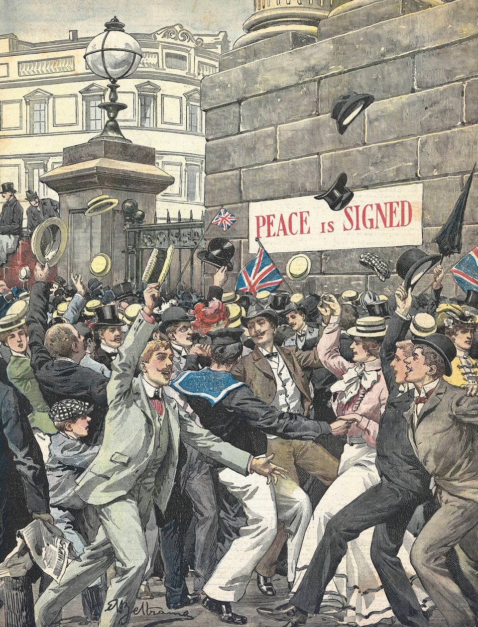 Második búr háború. A háború végének bejelentése London utcáin. Illusztráció: Antonio Beltrame. “La Domenica del Corriere” alkotó: Achille Beltrame