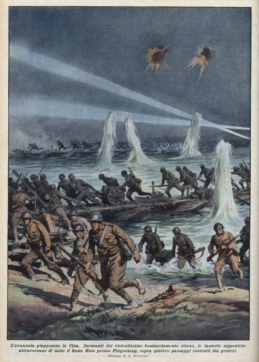 Második kínai-japán háború (1937-1945): „A japán hadsereg átkel a Huto folyón Pingshang közelében, kínai bombázás alatt.” Illusztráció: Achille Beltrame a „La domenica del corriere”-ből, 1937.10.17. alkotó: Achille Beltrame