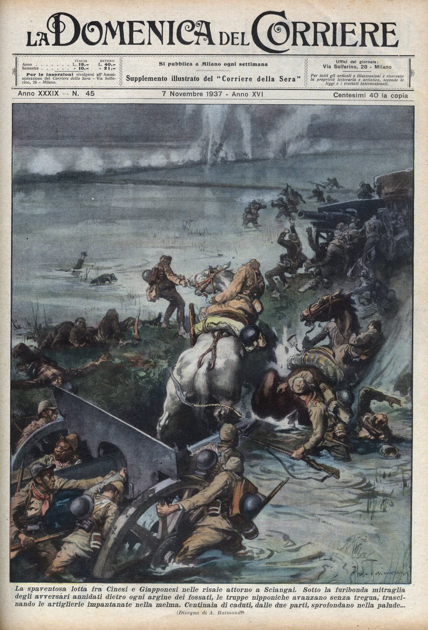Második kínai-japán háború (1937-1945): összecsapások a Sanghaj melletti rizsföldeken. Illusztráció: Achille Beltrame a „La domenica del corriere”-ből, 1937.11.07. alkotó: Achille Beltrame