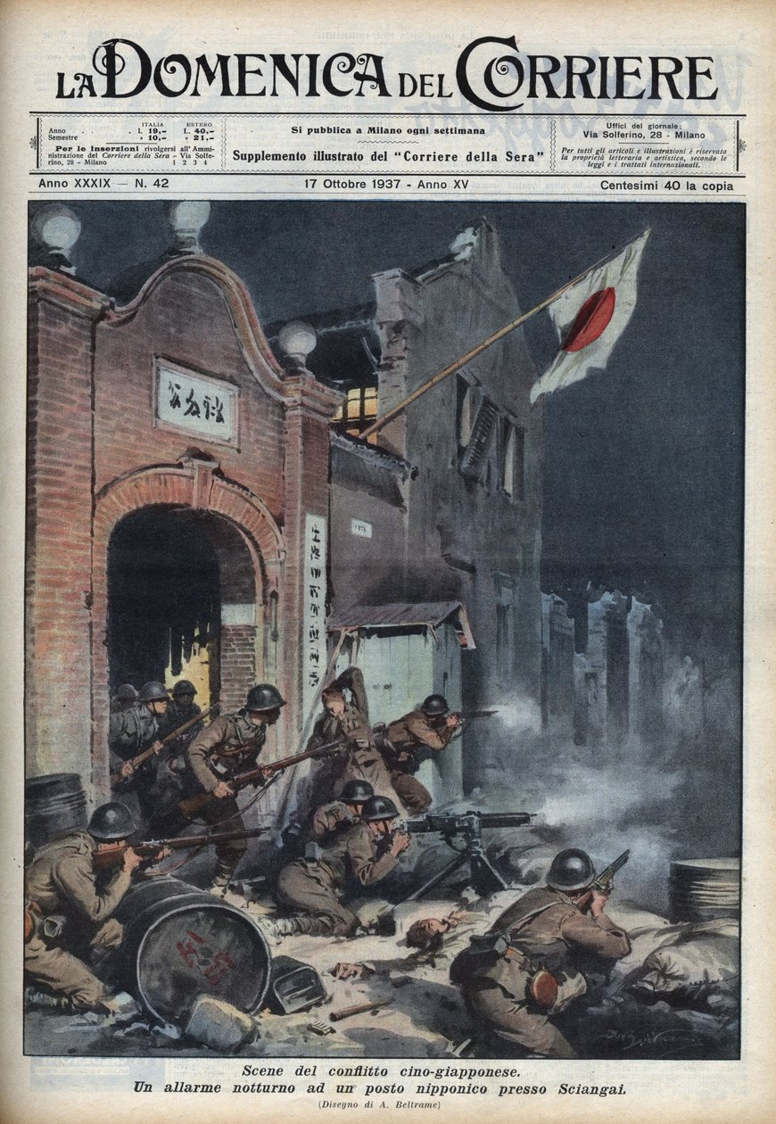 Második kínai-japán háború (1937-1945): összecsapások Sanghaj közelében. Illusztráció: Achille Beltrame a „La Domenica del Corriere”-ből, 1937.10.17. alkotó: Achille Beltrame