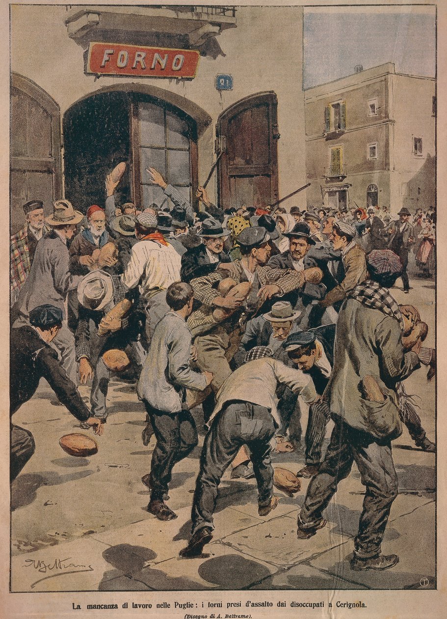 Súlyos munkahiány Apuliában, Cerignola munkanélküliei megrohamozták a sütőket, Achille Beltrame, illusztráció, Achille Beltrame (1871-1945), La Domenica del Corriere, 1908. december 20. alkotó: Achille Beltrame