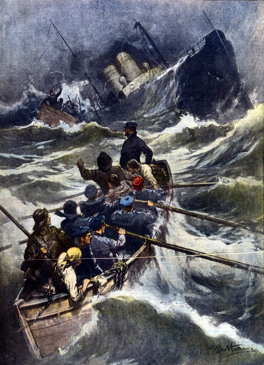 Hajótörés Piombino közelében Olaszországban. "" La Domenica del Corriere "", illusztráció: Beltrame. 1910 alkotó: Achille Beltrame
