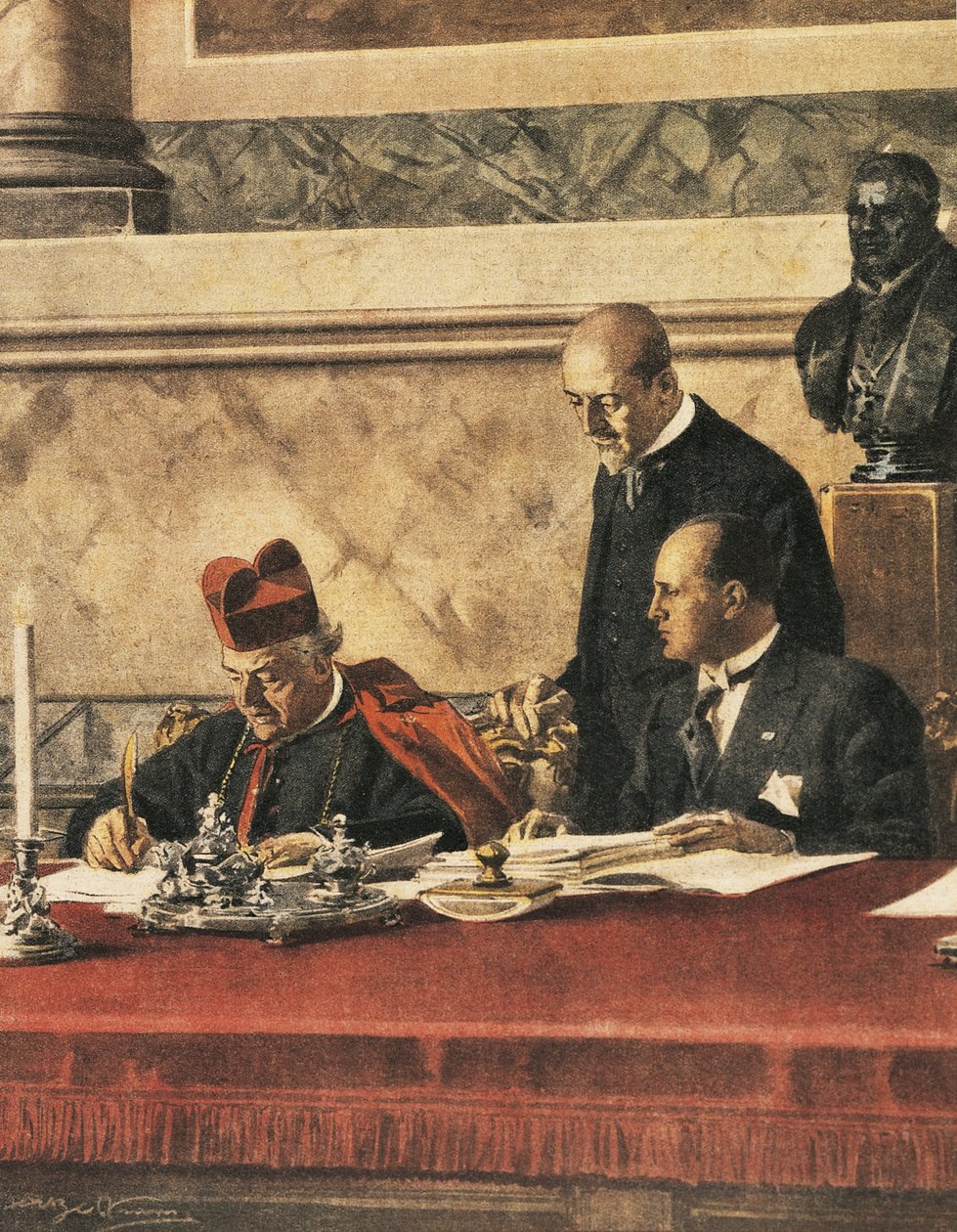 Lateráni szerződés aláírása P. Gasparri bíboros és B. Mussolini között alkotó: Achille Beltrame