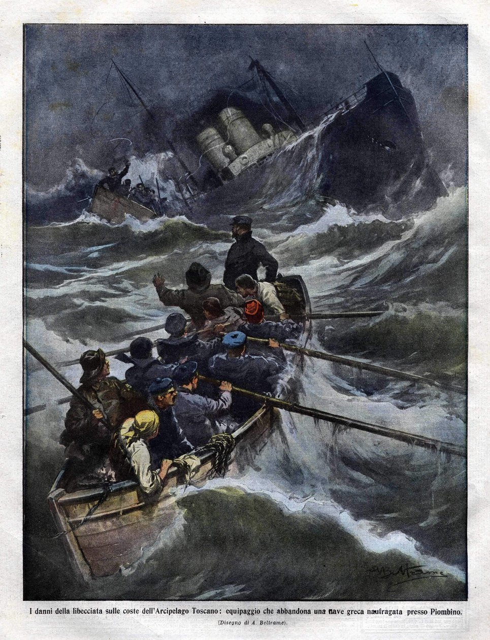 Egy olasz hajó elsüllyedése Toszkánánál 1910-ben. Achilles Beltrame illusztrációja alkotó: Achille Beltrame