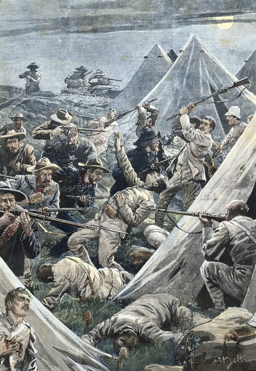 Dél-Afrika. Második búr háború. Támadás a tweefonteini angol tábor ellen (1902). Illusztráció: Achille Beltrame. Metszés. alkotó: Achille Beltrame