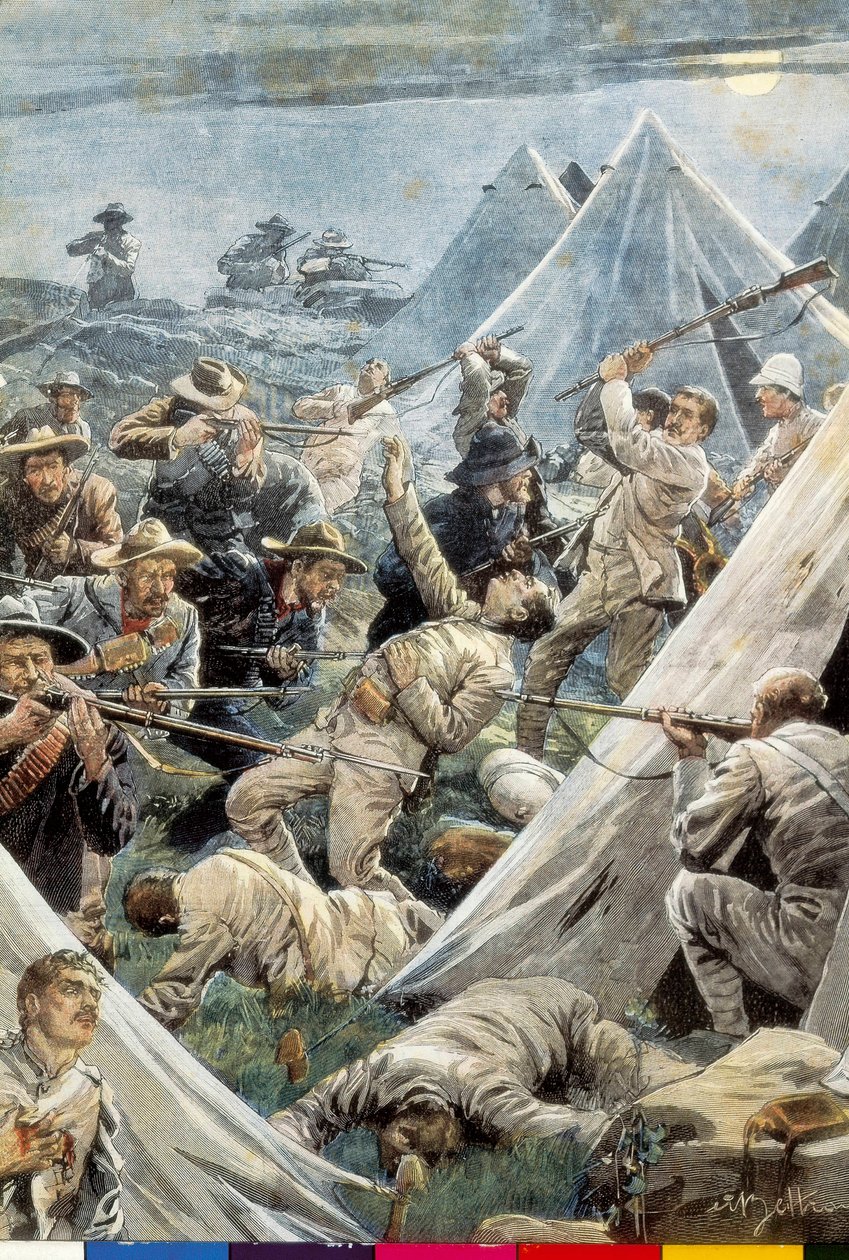 Dél-Afrika. Második búr háború. Támadás a tweefonteini angol tábor ellen (1902). Illusztráció: Achille Beltrame. Metszés. alkotó: Achille Beltrame